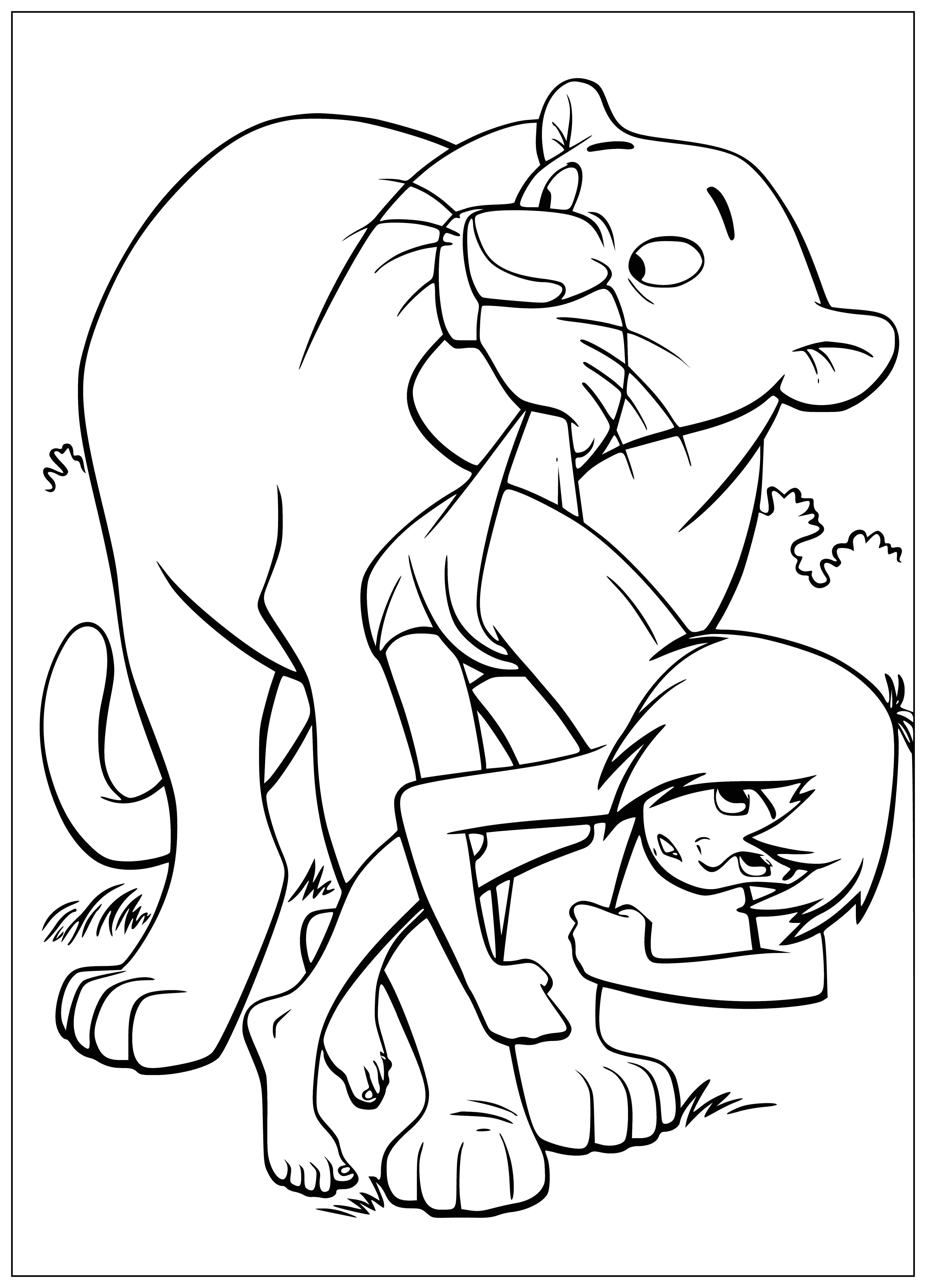 coloring page: Bagira, a black panther, and Mowgli, a young boy, stand in the jungle looking at each other, seemingly having a conversation.
