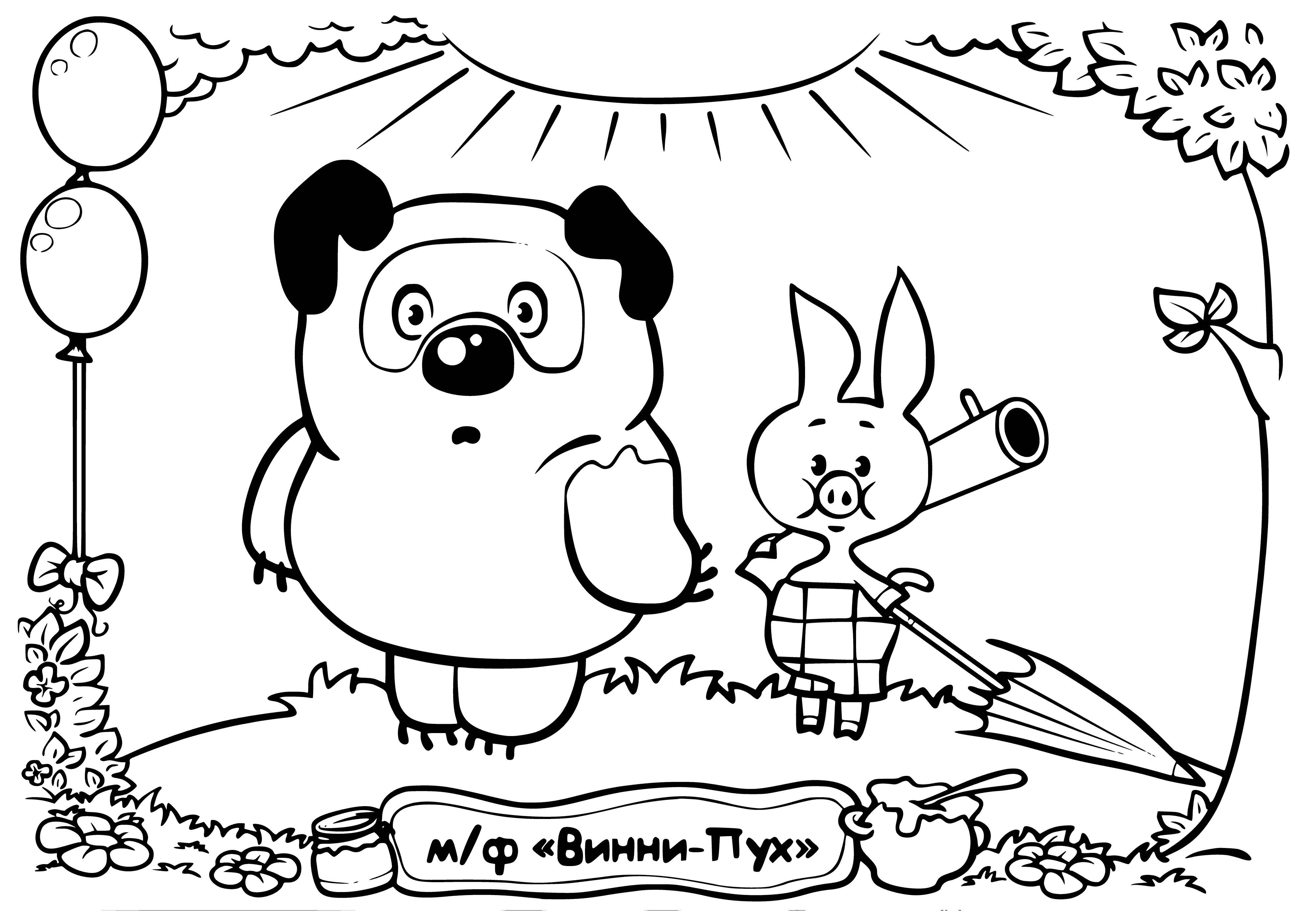 coloring page: Pooh & Piglet sit on a bench; Pooh holds a balloon, Piglet looks at the ground.