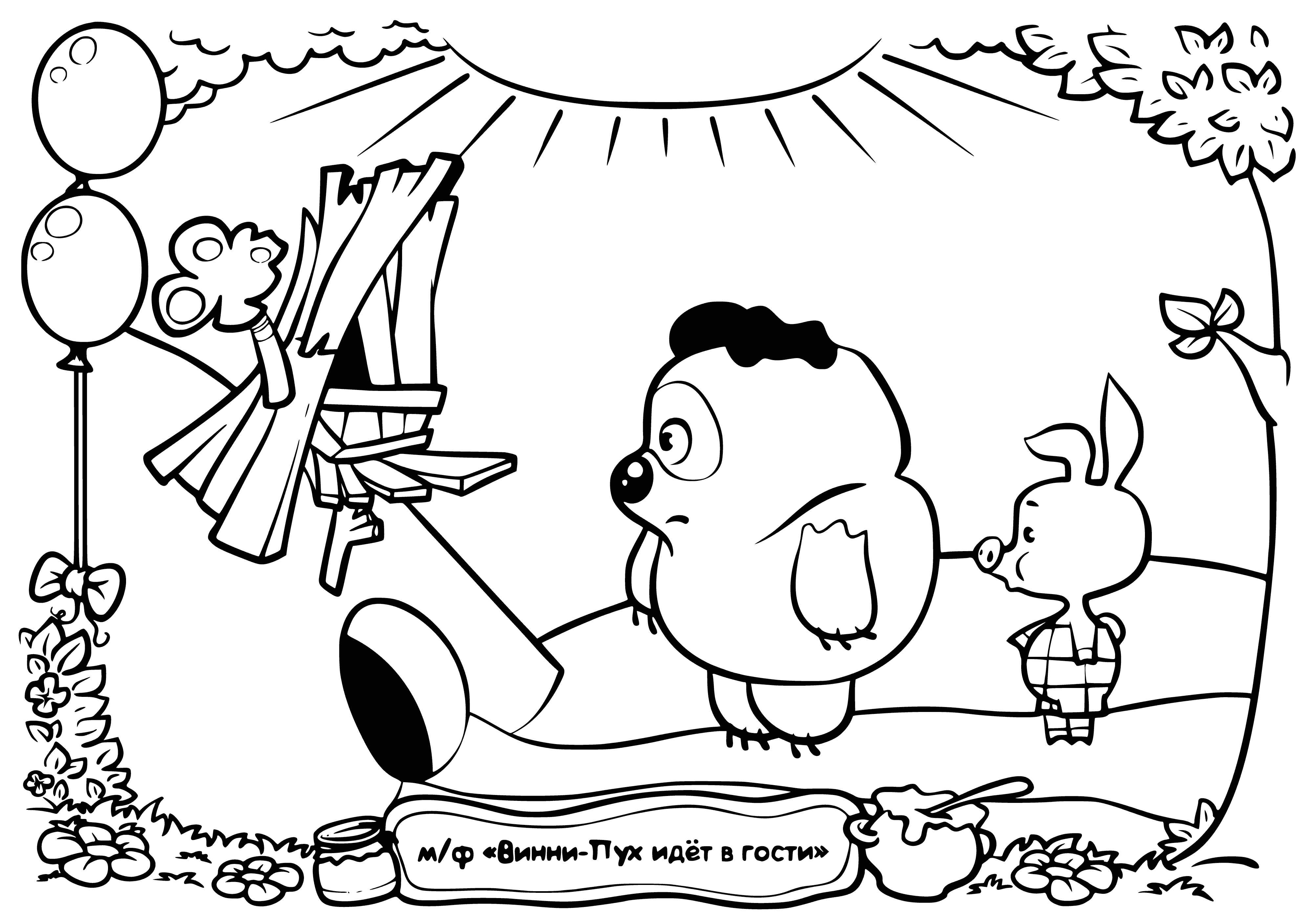 coloring page: Winnie the Pooh & Piglet at Rabbit's house sharing a convo by the fire with honey & a basket.