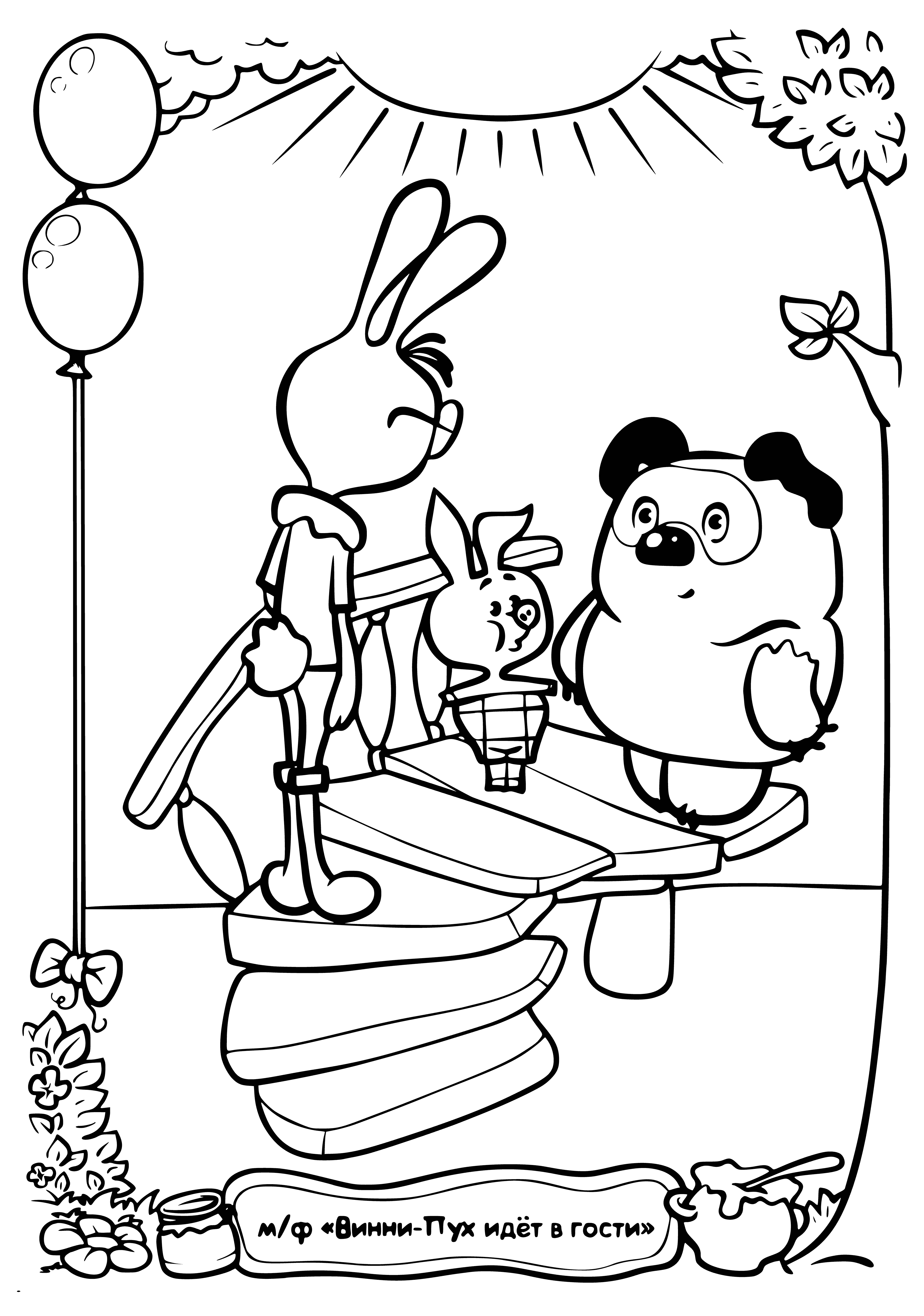 coloring page: Rabbit, Pooh, Tigger, & Eeyore reunite in a field of flowers, each holding something special. Reunited & happy, they share a special moment.