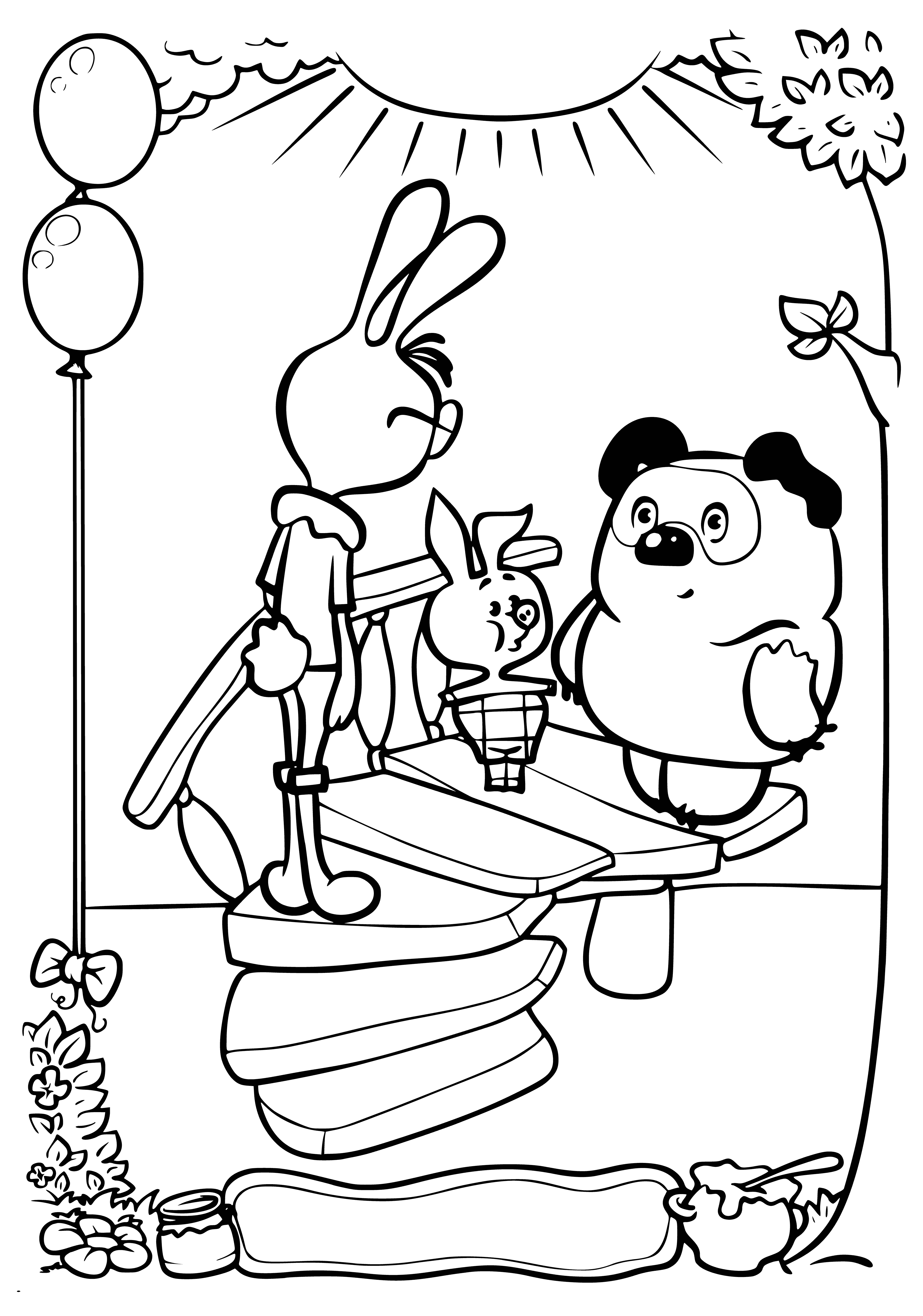 coloring page: Rabbit, Pooh, Tigger, & Eeyore reunite in a field of flowers, each holding something special. Reunited & happy, they share a special moment.