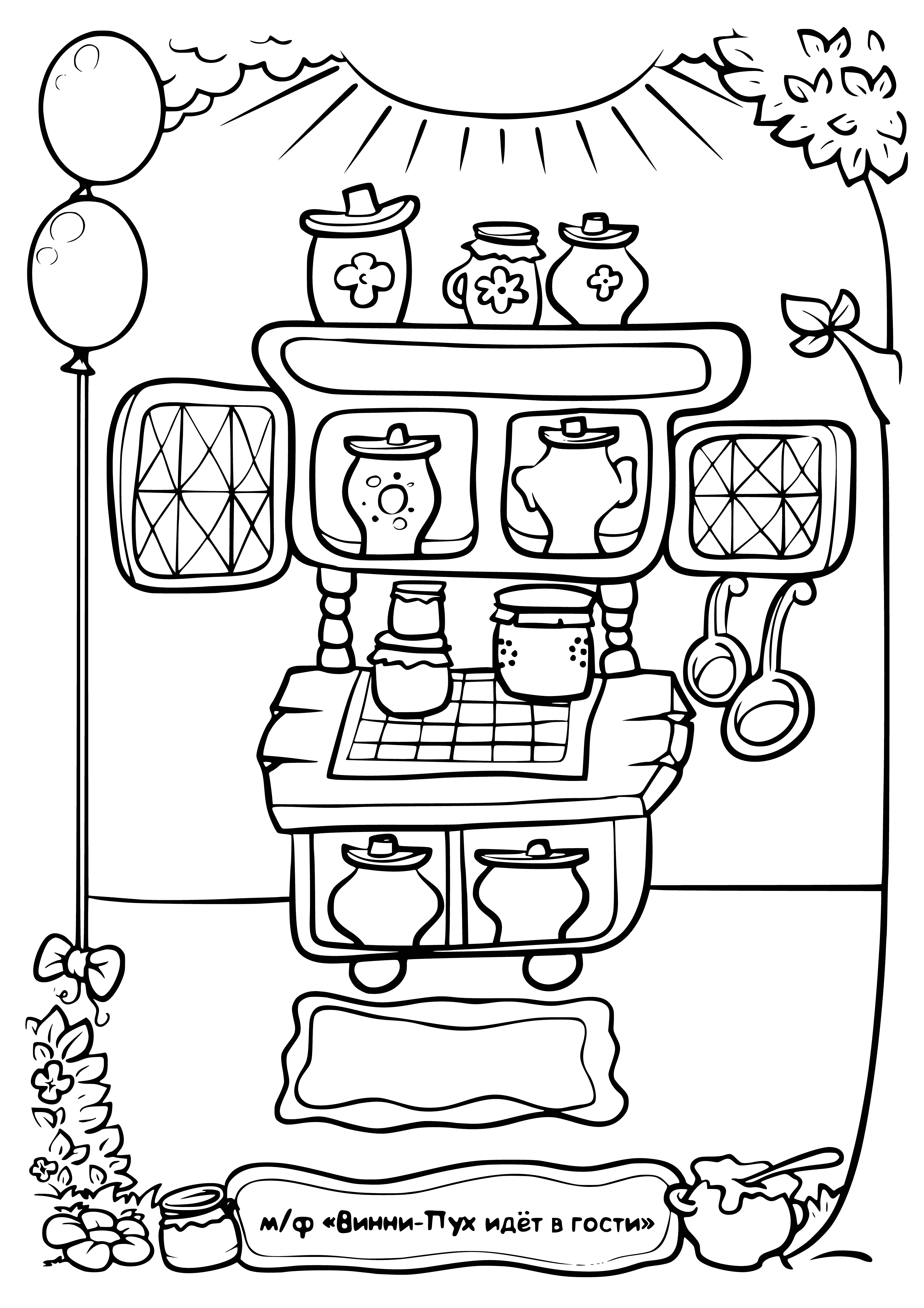 coloring page: Four golden honey pots on a white plate, with a white cloth and matching spoons. Labels on each read "Hunny". #honeypot #bees