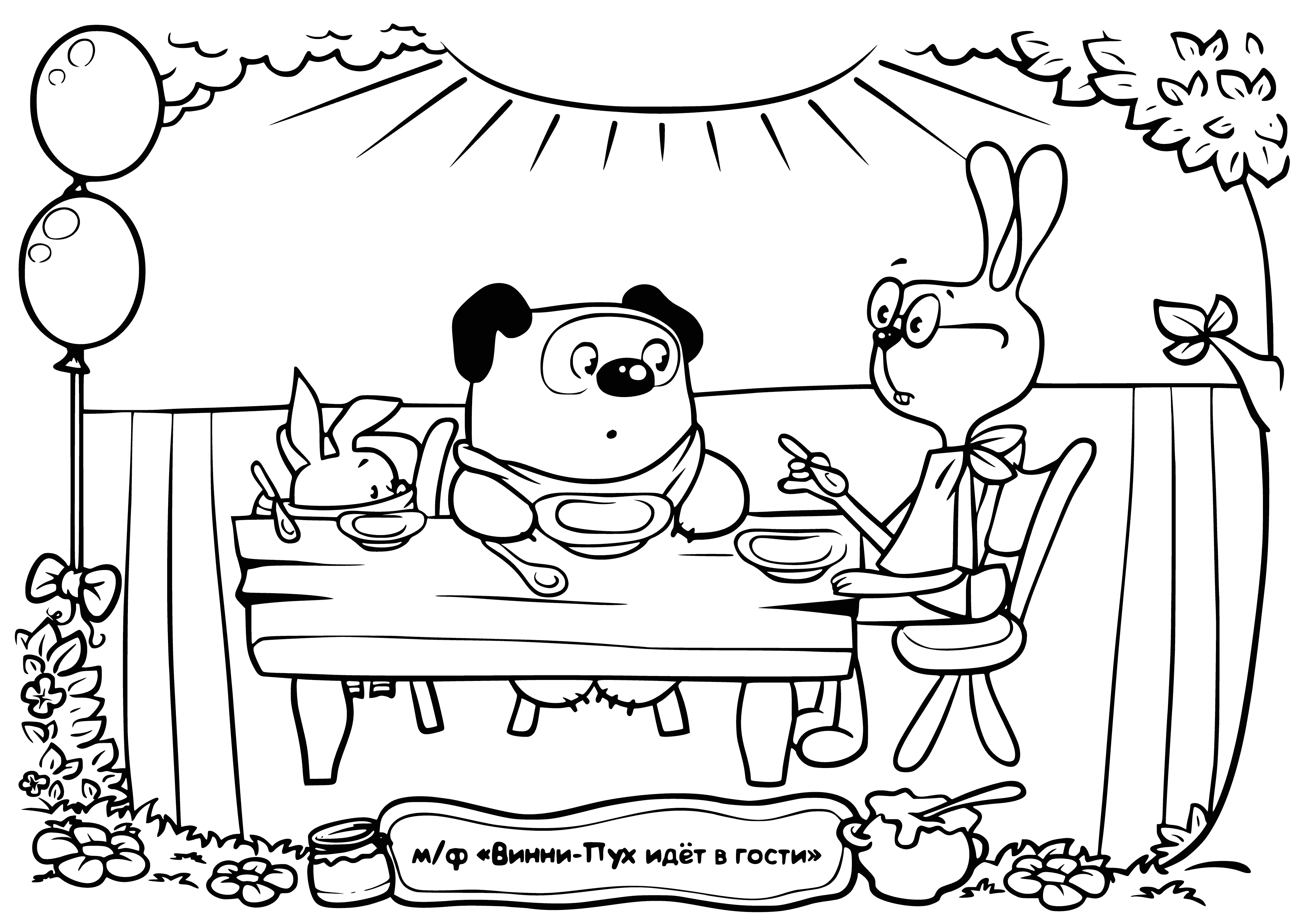 coloring page: Winnie, Piglet, Rabbit share a table: Winnie has honey, Piglet has tea, Rabbit has a carrot.