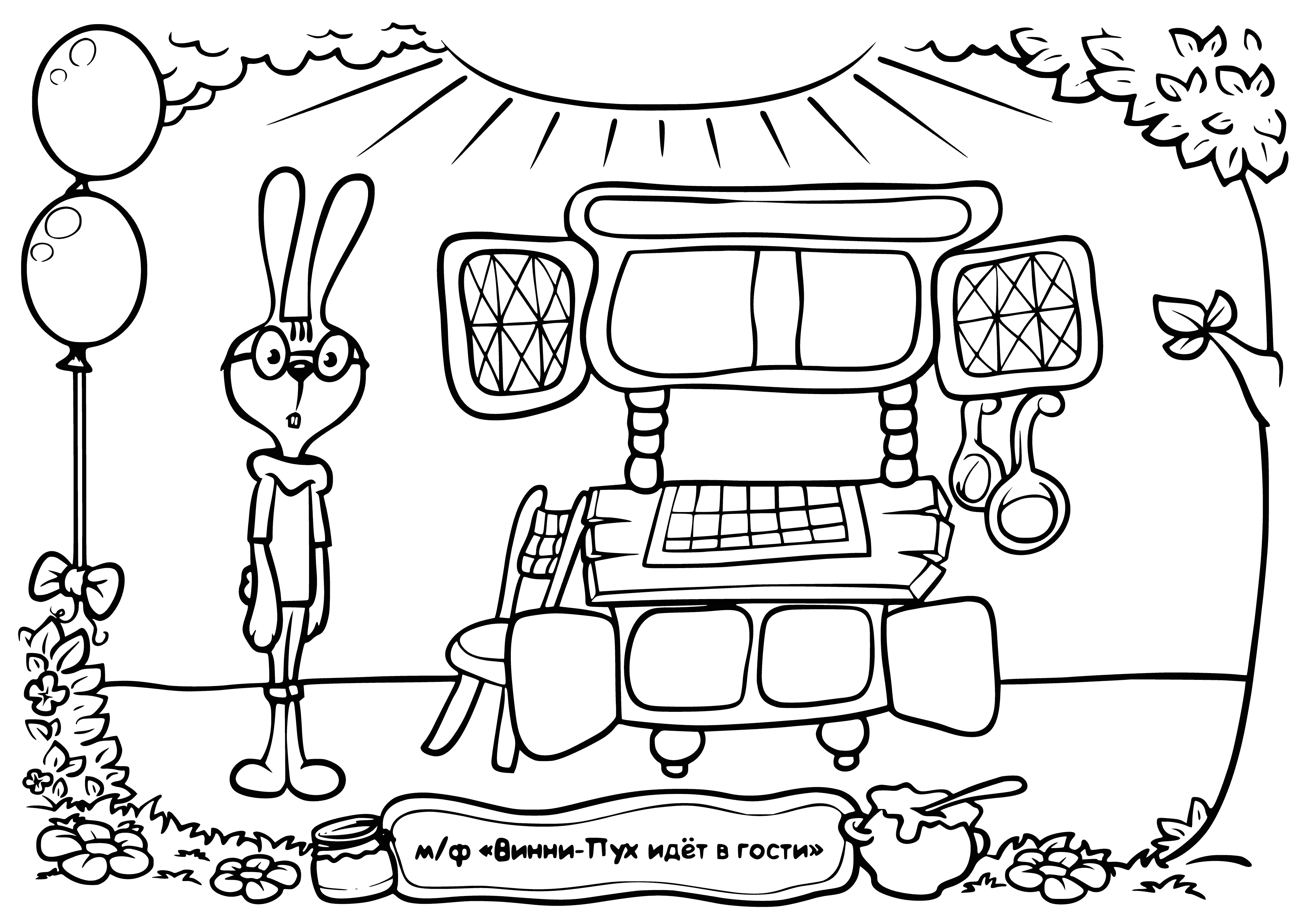 coloring page: He is pondering what is inside his heart.

Rabbit stares into the empty sideboard, pondering what lies within his heart.