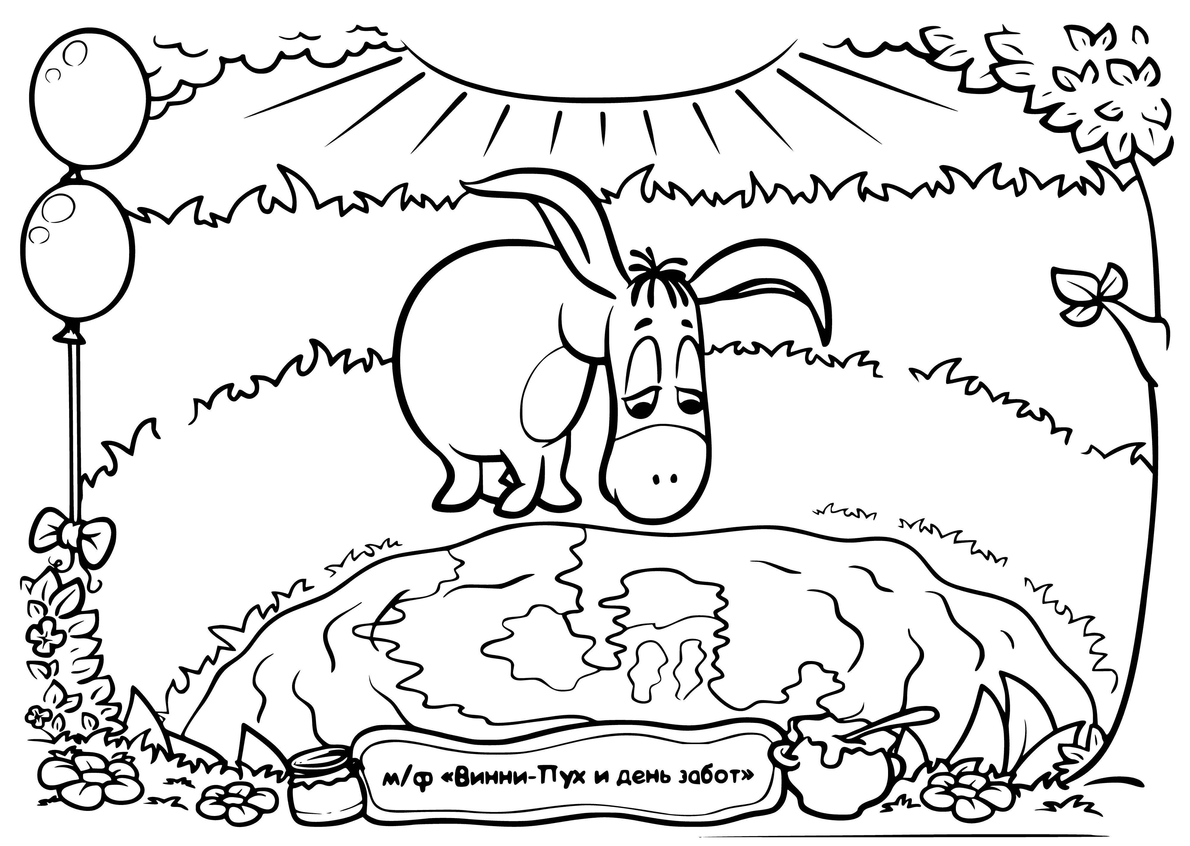 coloring page: A donkey stands sad with head down & ears drooping. He has big black spots on his back.