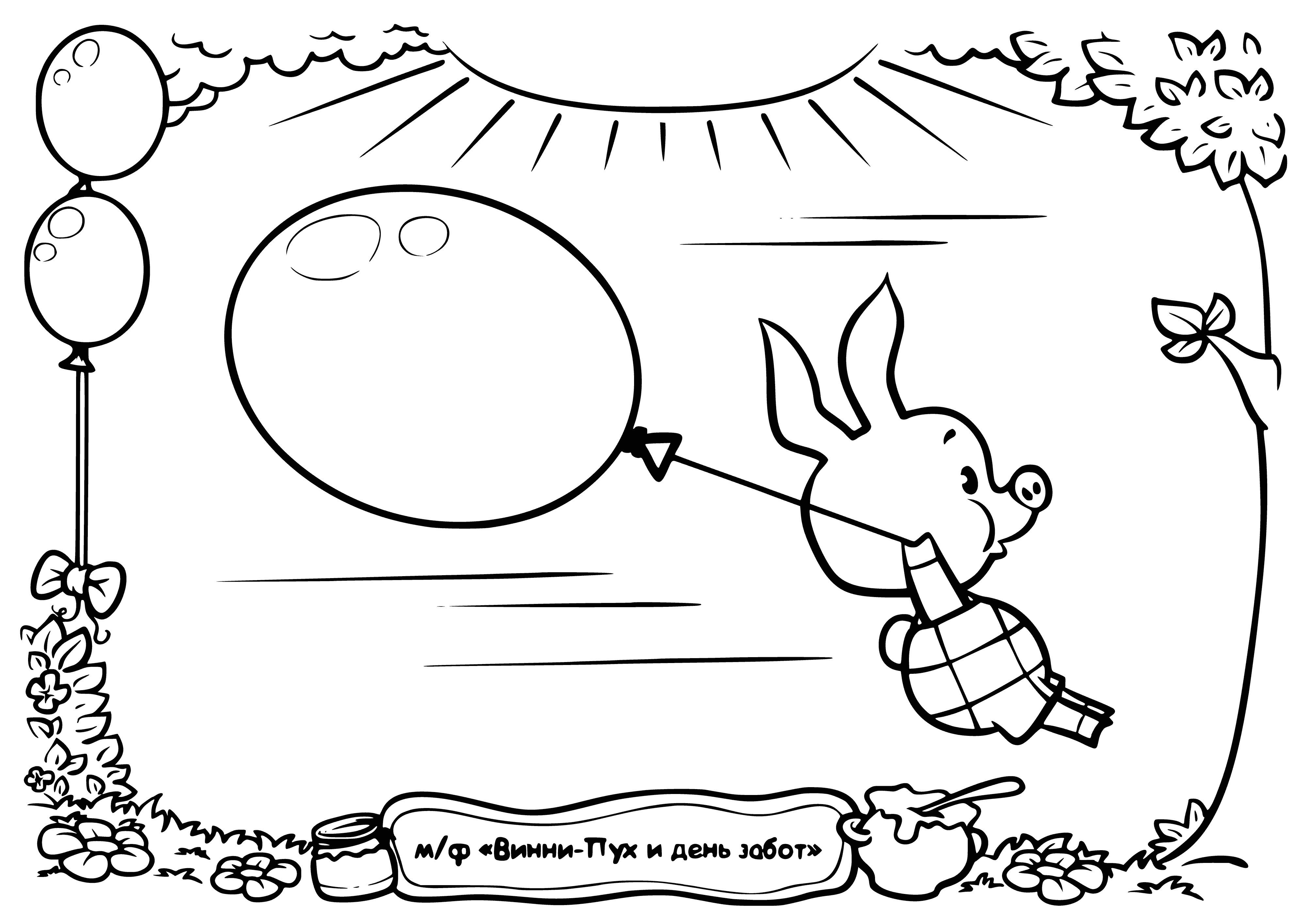 coloring page: Pig is running with a balloon to wish Eeyore a happy bday in the coloring page. #WinnieThePooh #HappyBirthdayEeyore