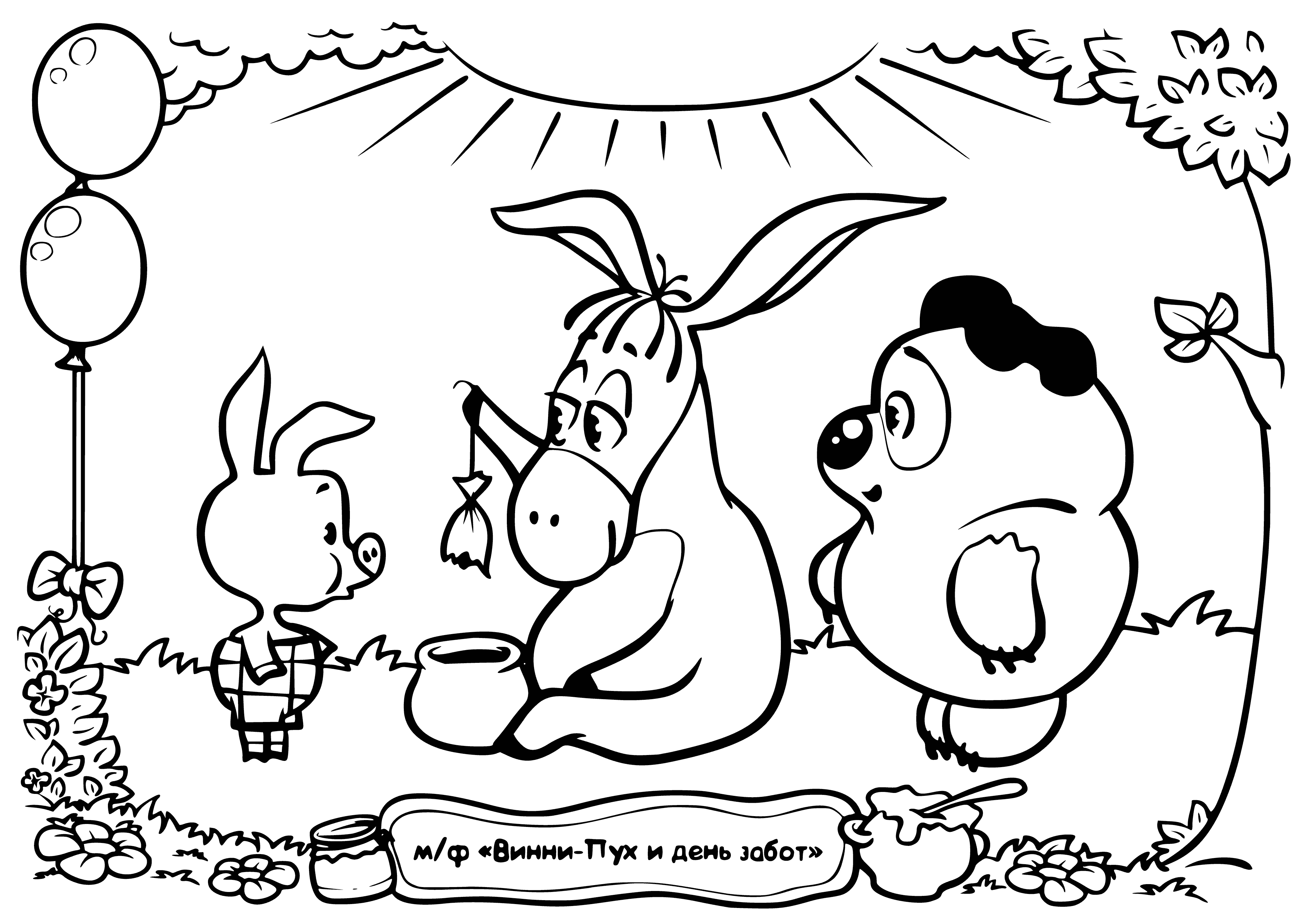 coloring page: Piglet offers Eeyore a balloon, but Eeyore turns and walks away.
