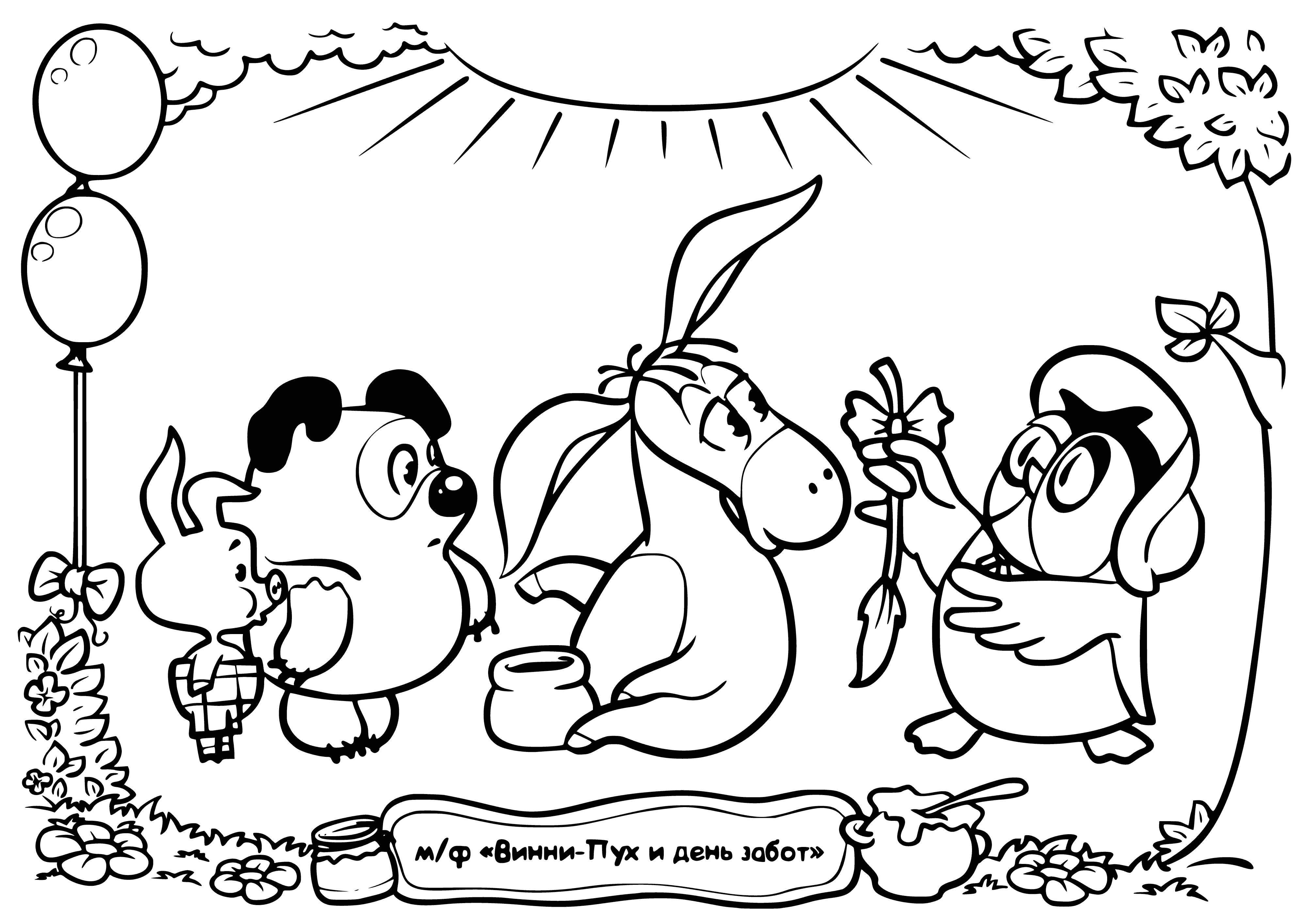 coloring page: Four Winnie the Pooh characters in a coloring page: Owl, Eeyore, Pooh, & Piglet. Owl stands on branch, Eeyore sits on ground, Pooh with honey pot, & Piglet peeking behind tree.