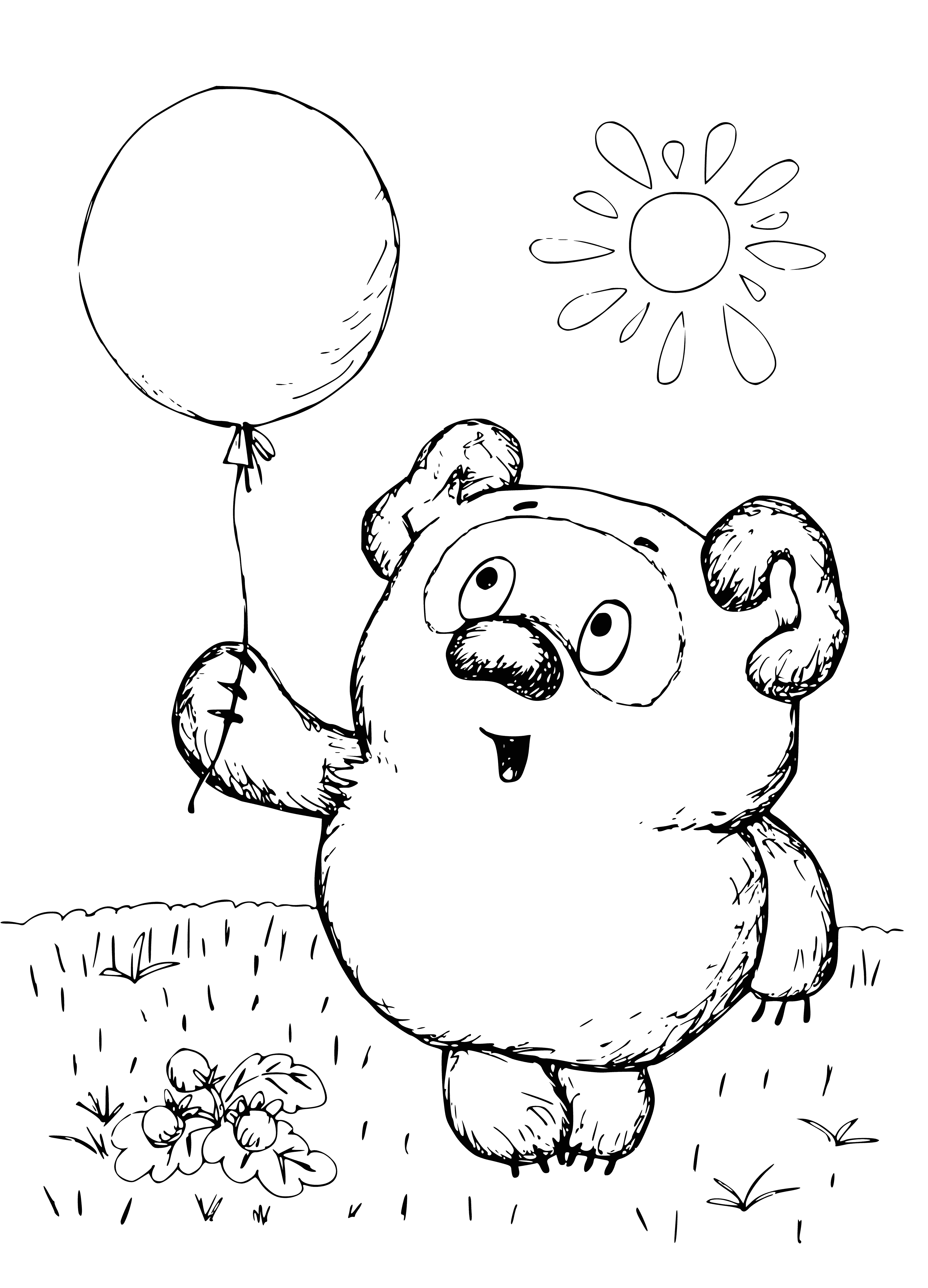 coloring page: Pooh joyfully holds a big red balloon with a yellow ribbon, smiling up at it.