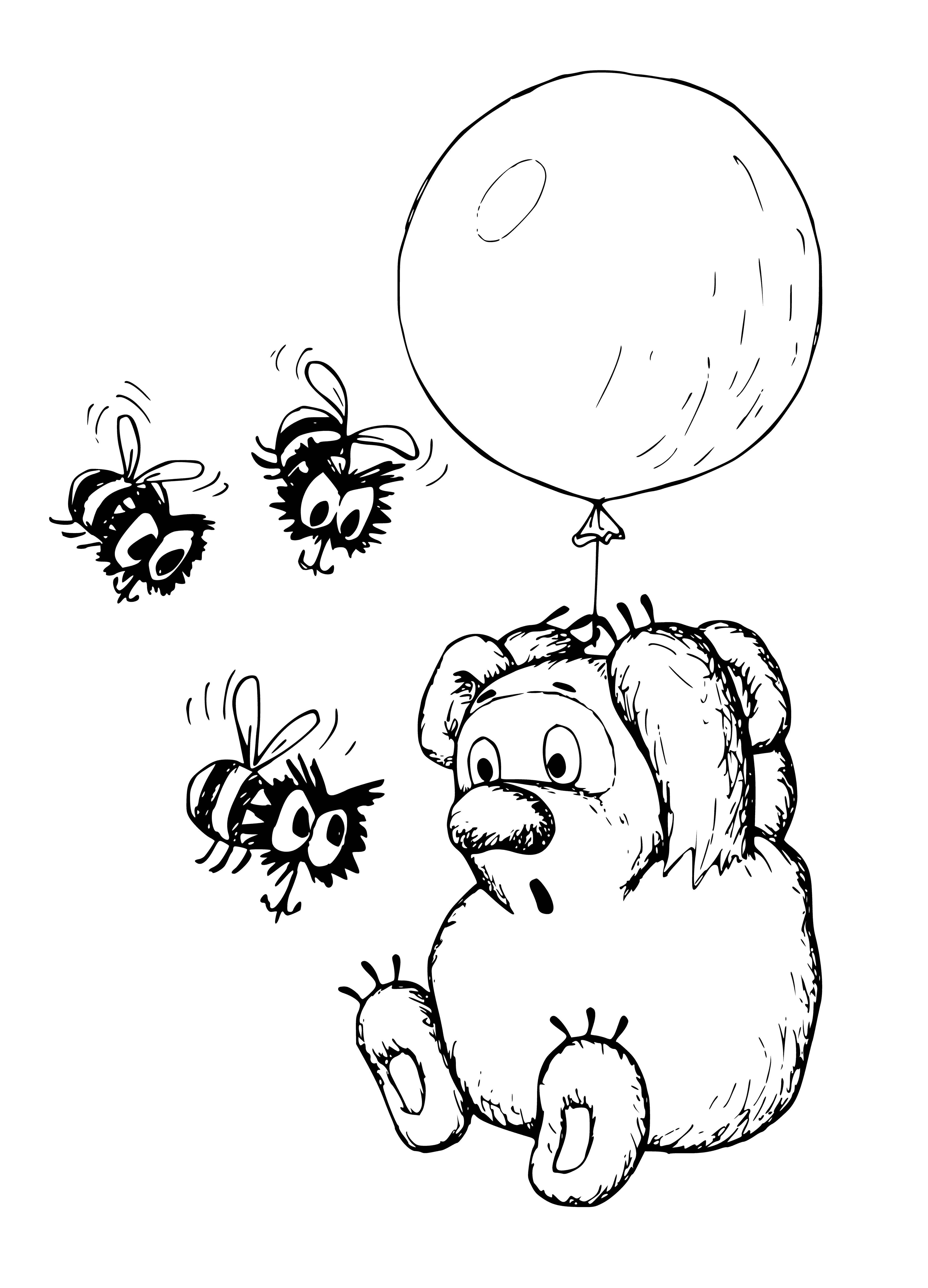 coloring page: Winnie the Pooh flies on a balloon with a big smile, looking very happy.