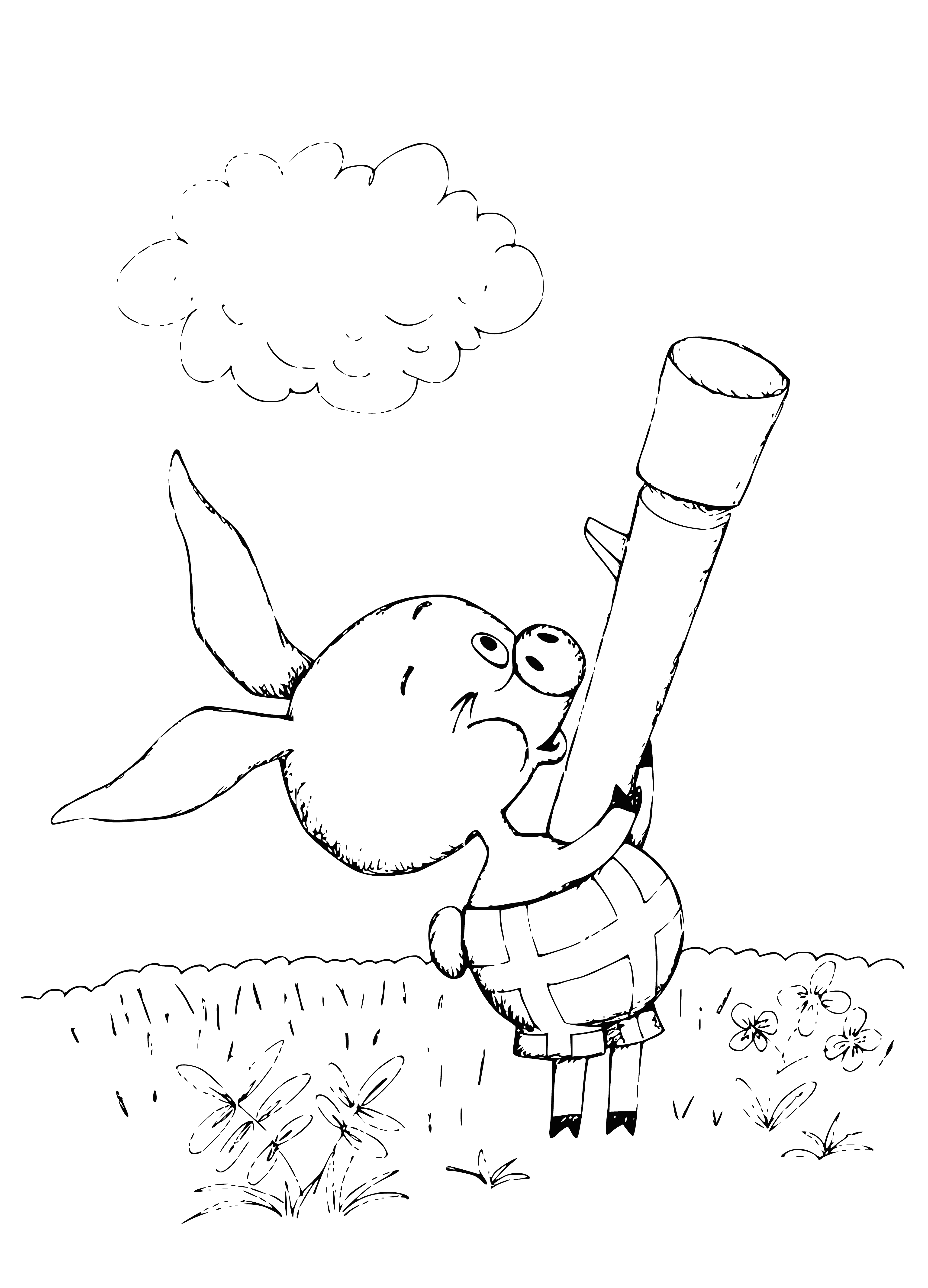 coloring page: Scared Piglet holds a gun in a forest setting.
