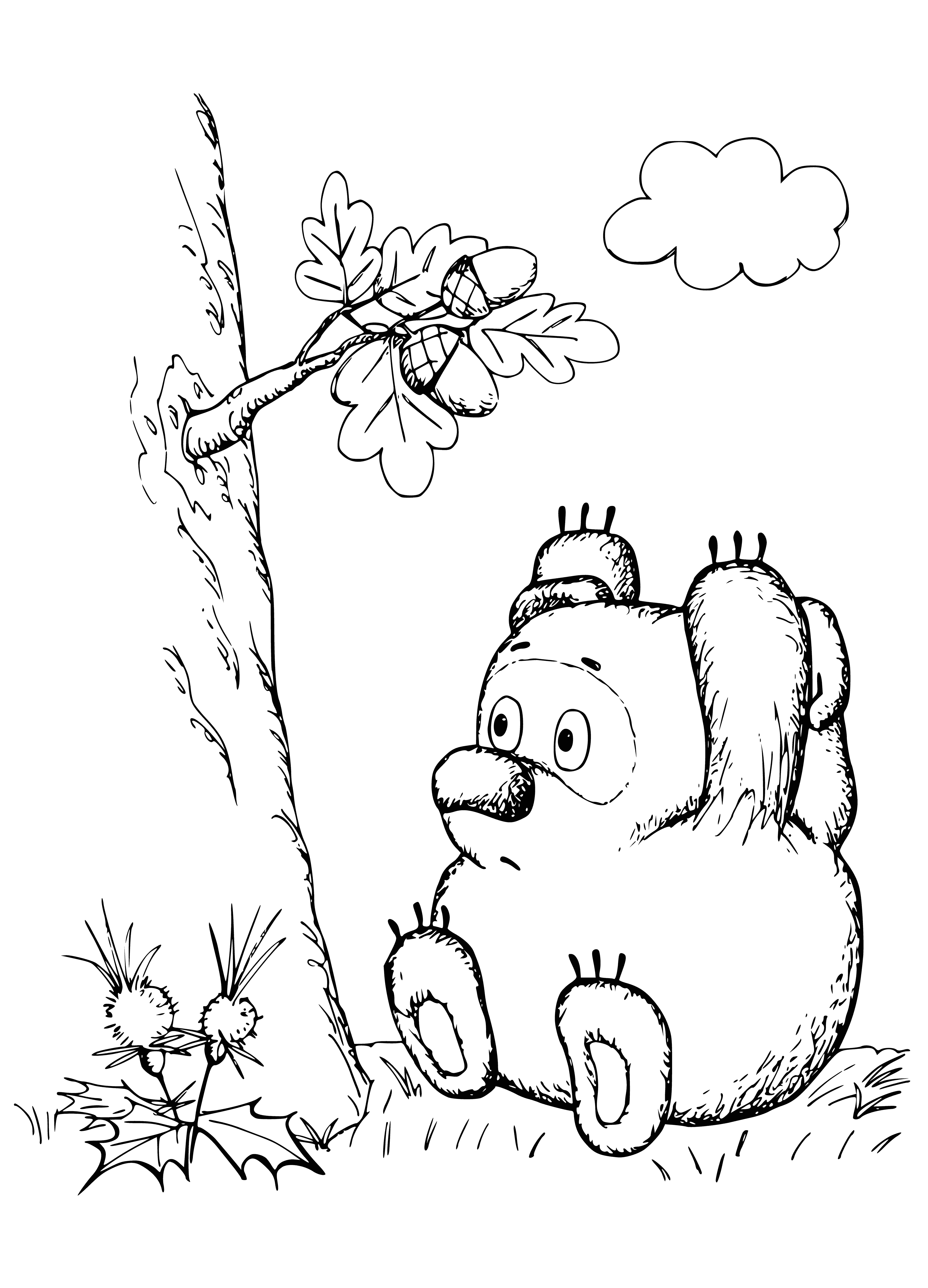 coloring page: Winnie the Pooh is a chubby, yellow bear with a red shirt, hunny pot, and a red bird perched above him. #WinnieThePooh