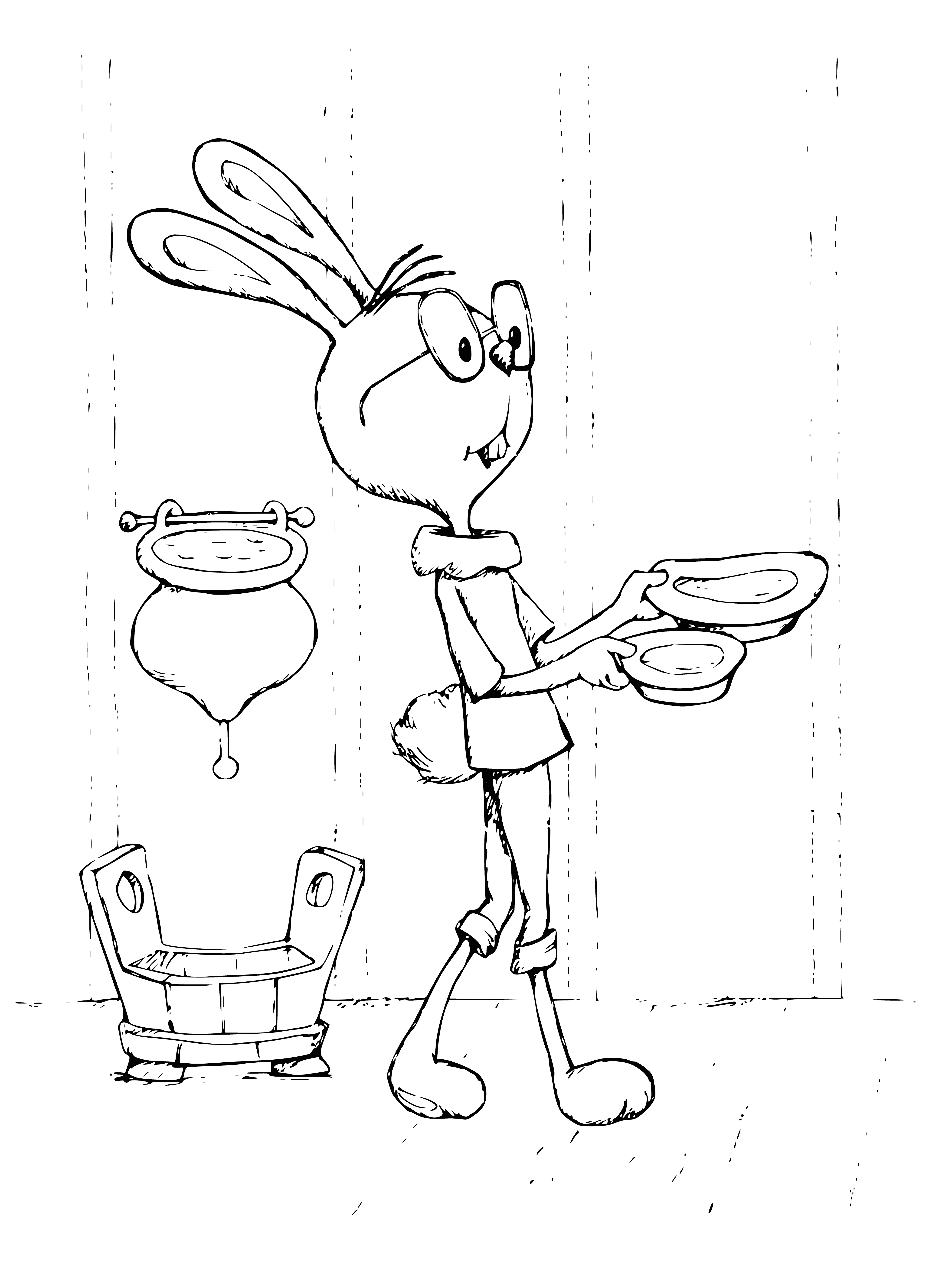 coloring page: Rabbit happily carries treat in its mouth in a coloring page. Ears perked and cheeks puffed out, likely a type of candy. #Colors