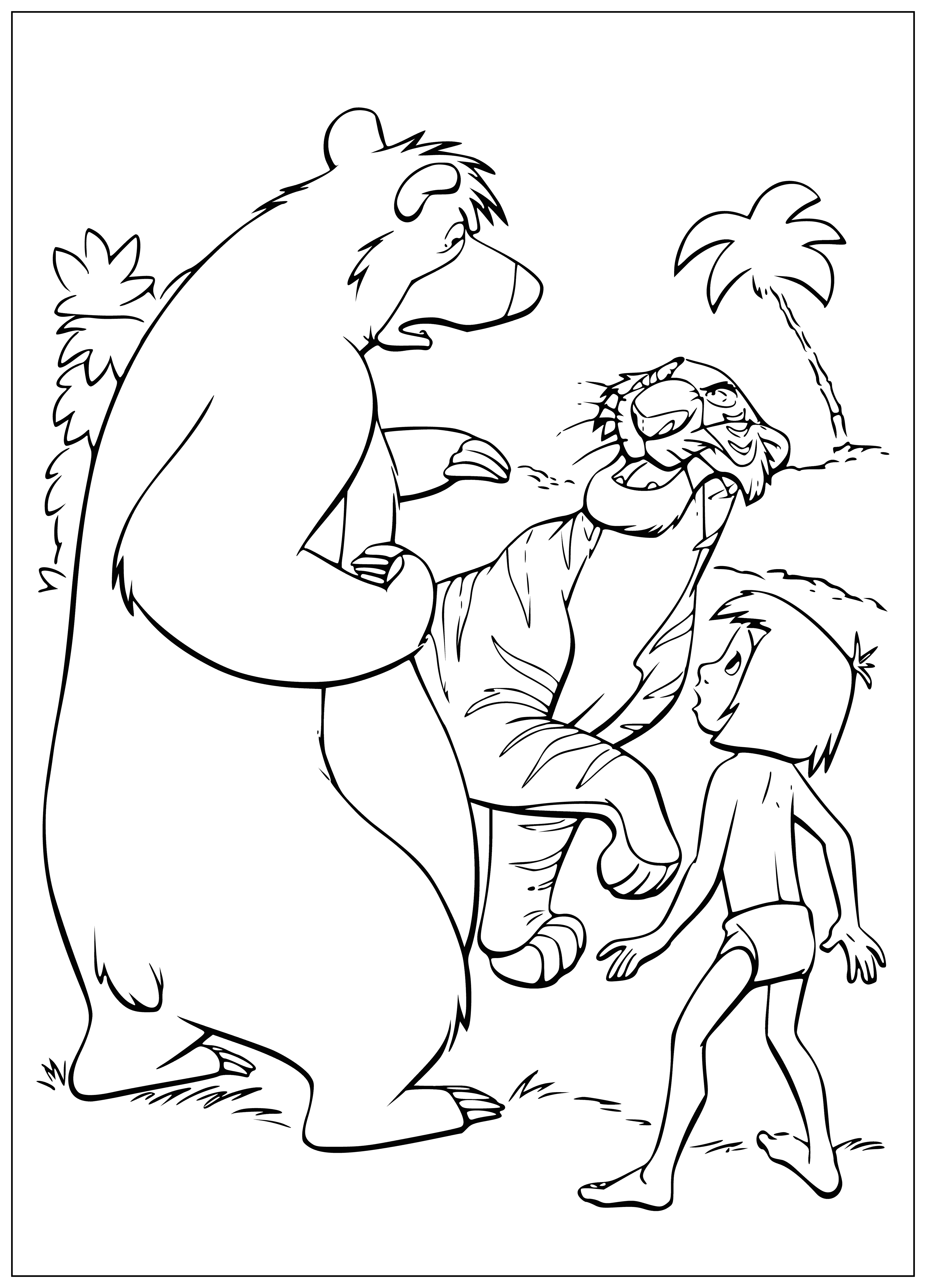 coloring page: Animals discussing around a giant tree in the clearing in The Jungle Book - a timeless classic.