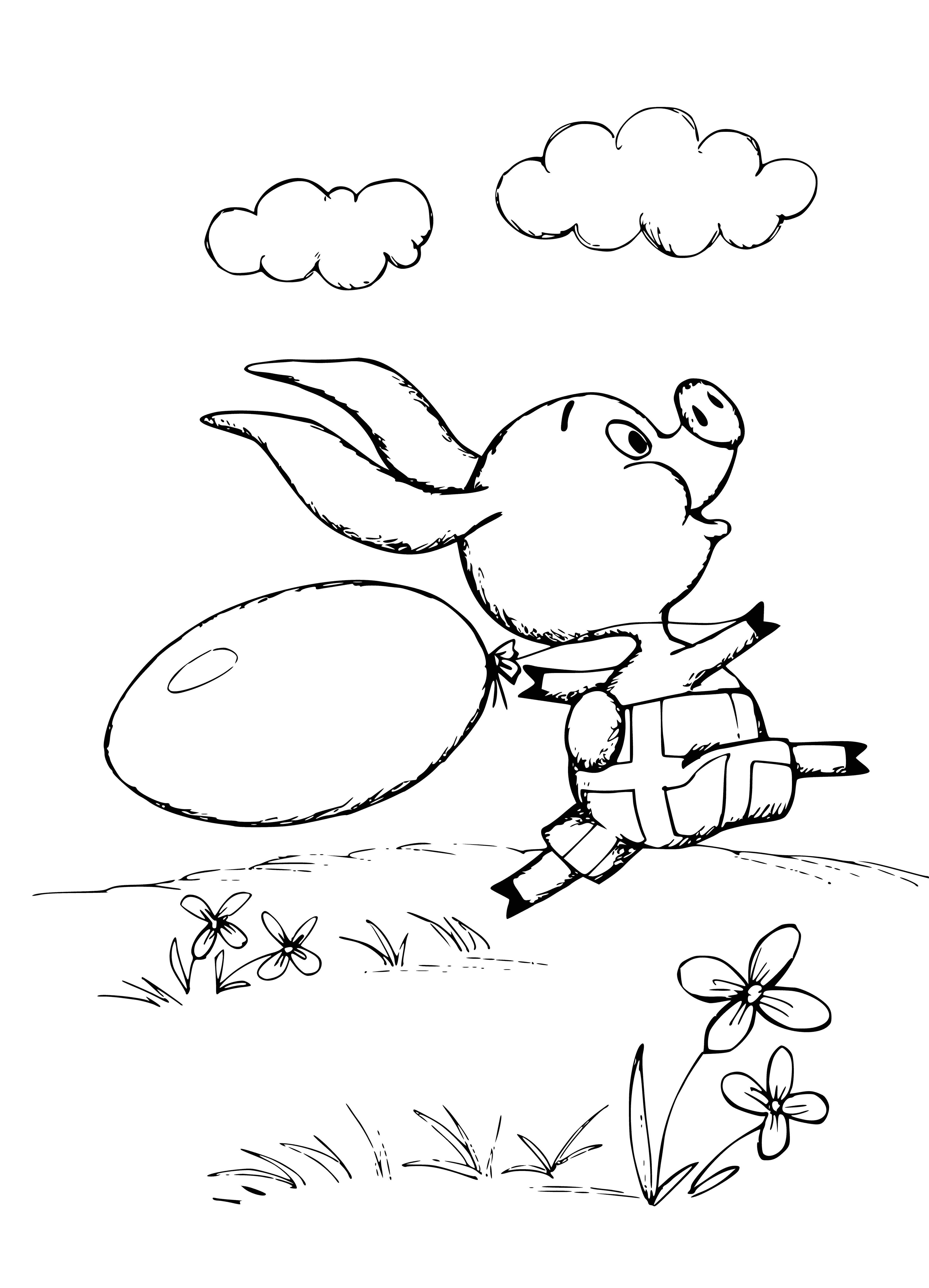 coloring page: Cartoon piglet from Winnie the Pooh sitting in a large, colorful pig-shaped balloon floating in the sky, holding onto a string.