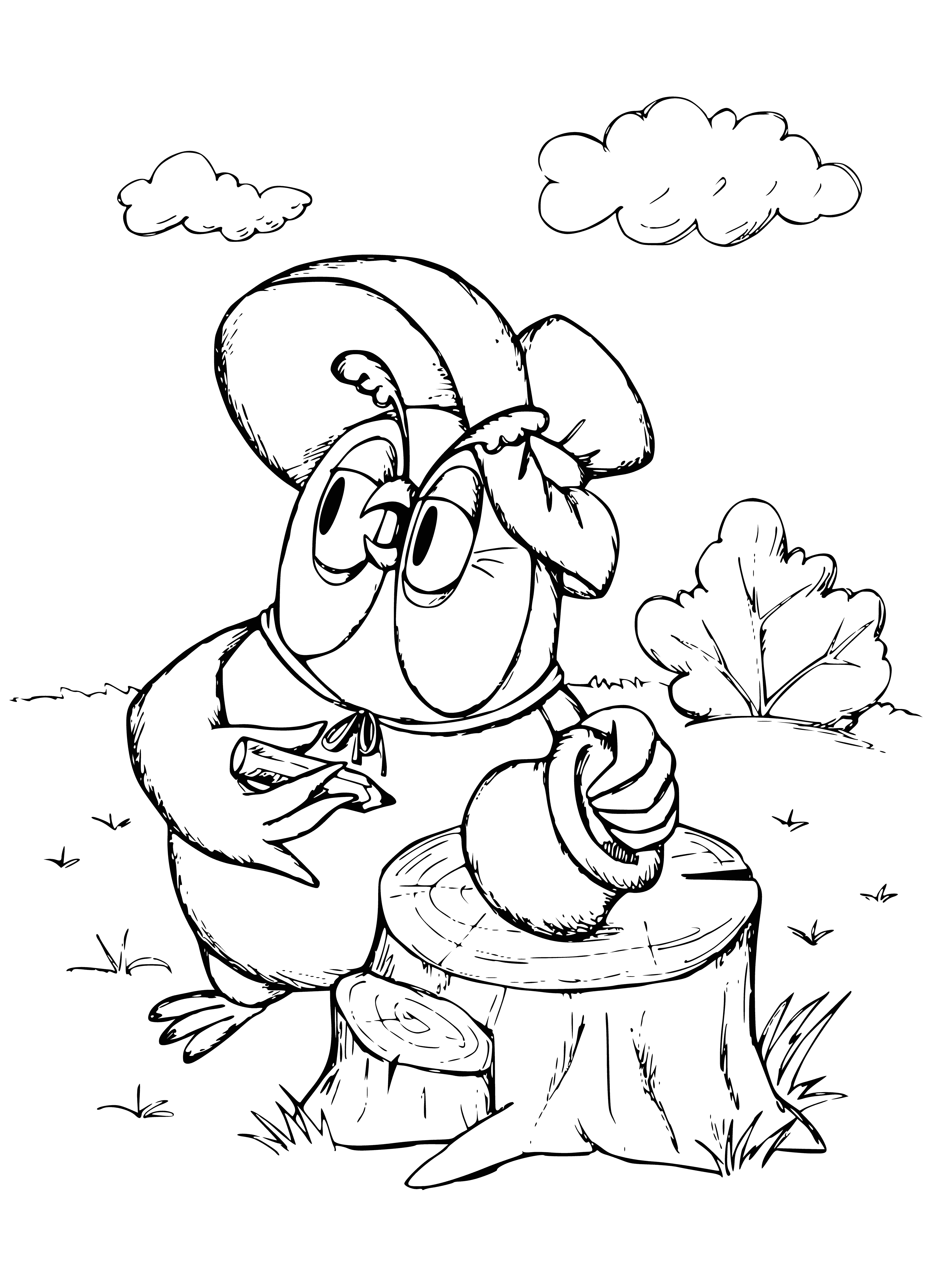 coloring page: An old tree with a bear in a red shirt and a large black and white bird with a long beak makes a beautiful scene! #coloringbook