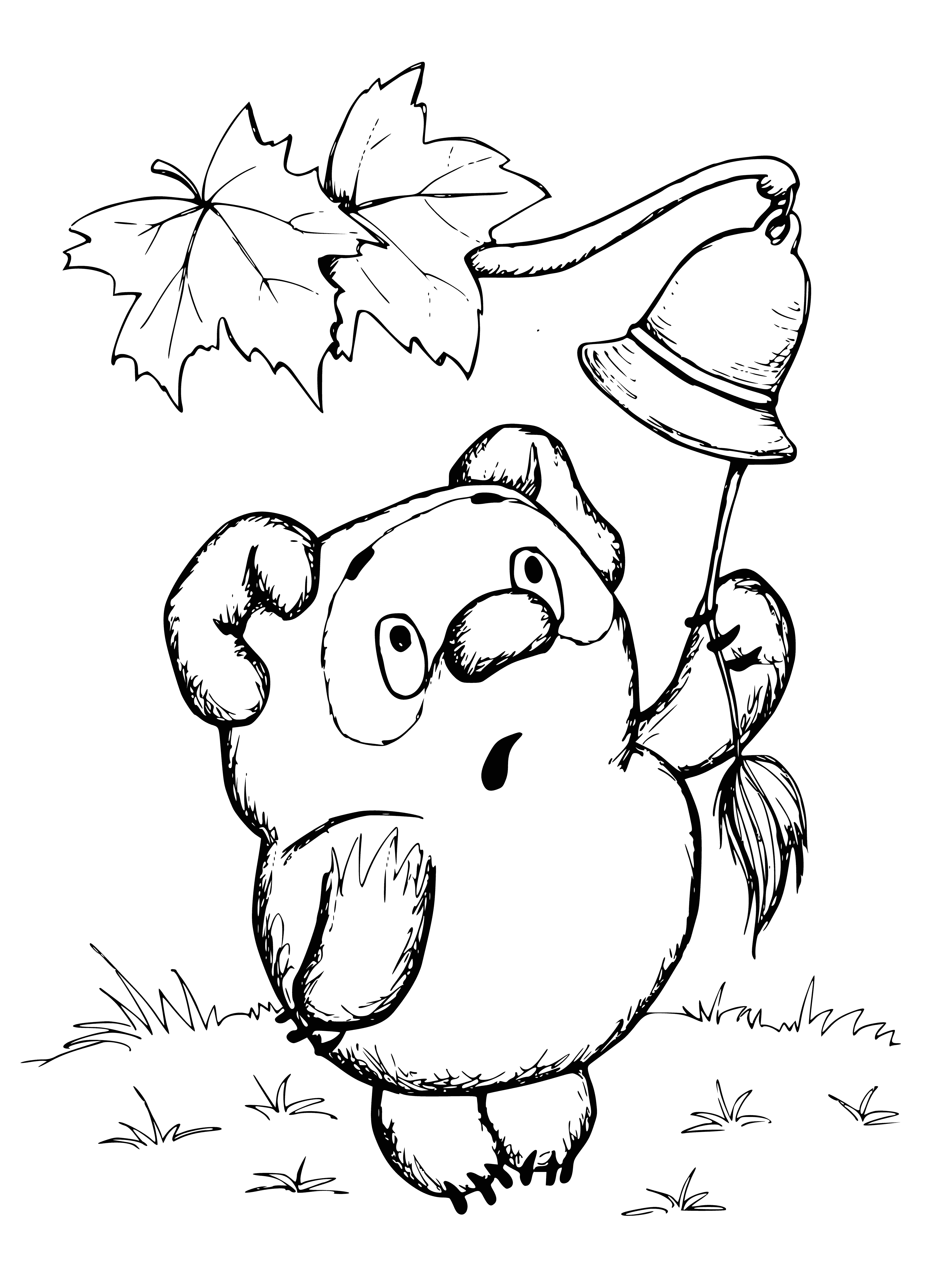 coloring page: Bear stands on hind legs, holding one end of rope in mouth which is tied to a lace; pulling it tight.