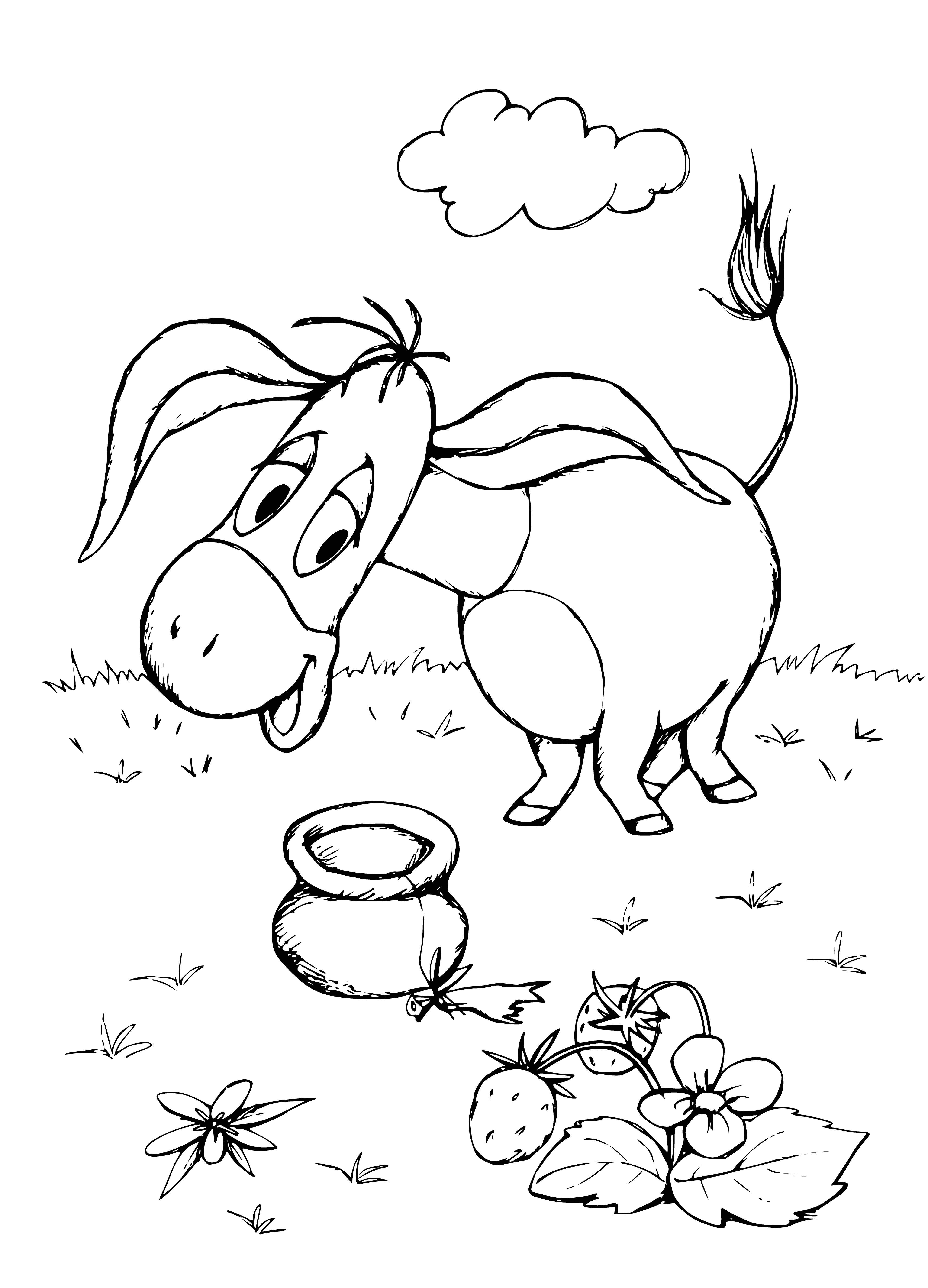 coloring page: Donkey with big ears smiles in a field of tall grass in this adorable coloring page.