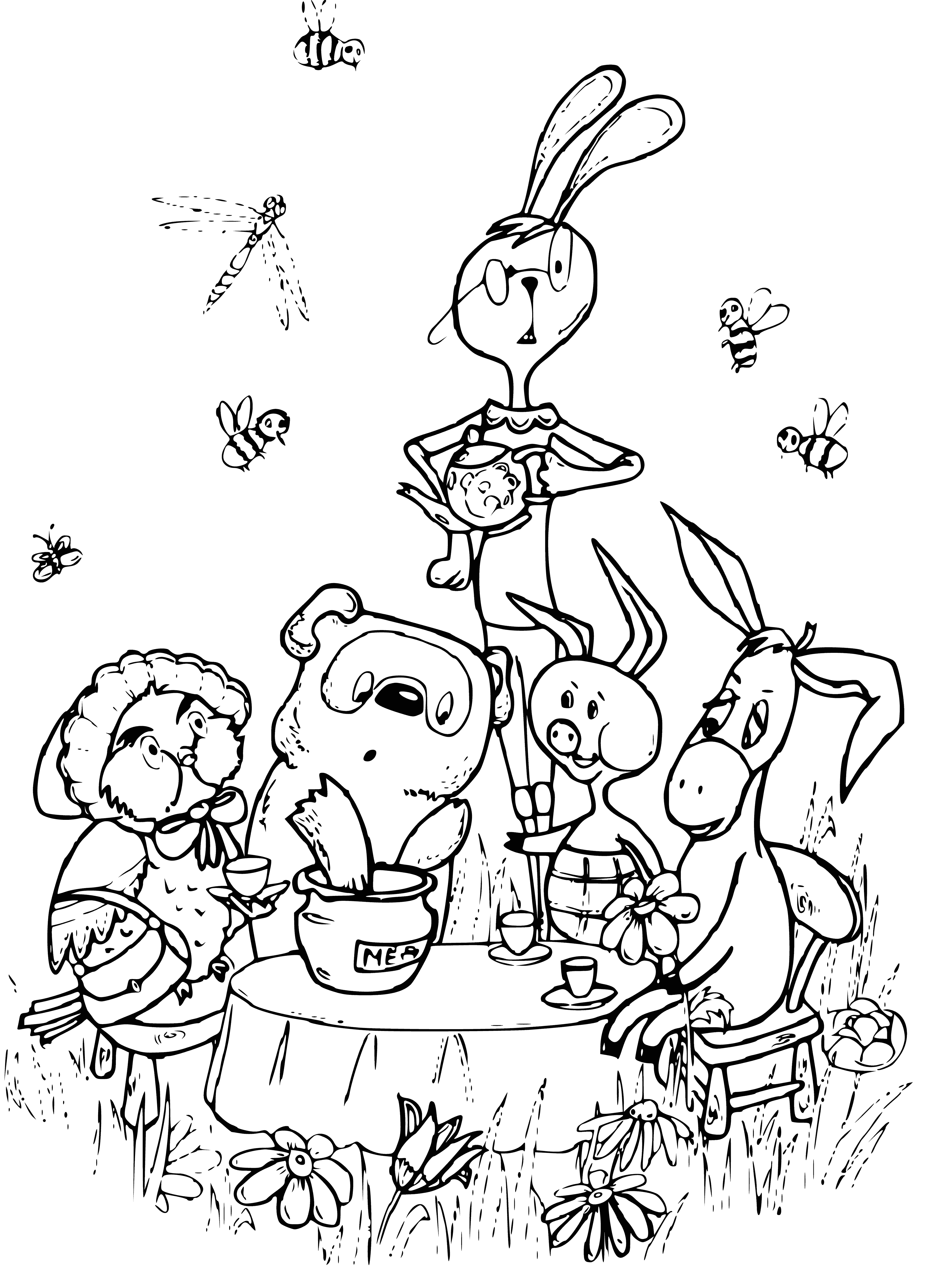 coloring page: Winnie the Pooh, a yellow bear with red shirt, black eyes & red nose, cuddles two friends - a pig & yellow duck - on the ground.