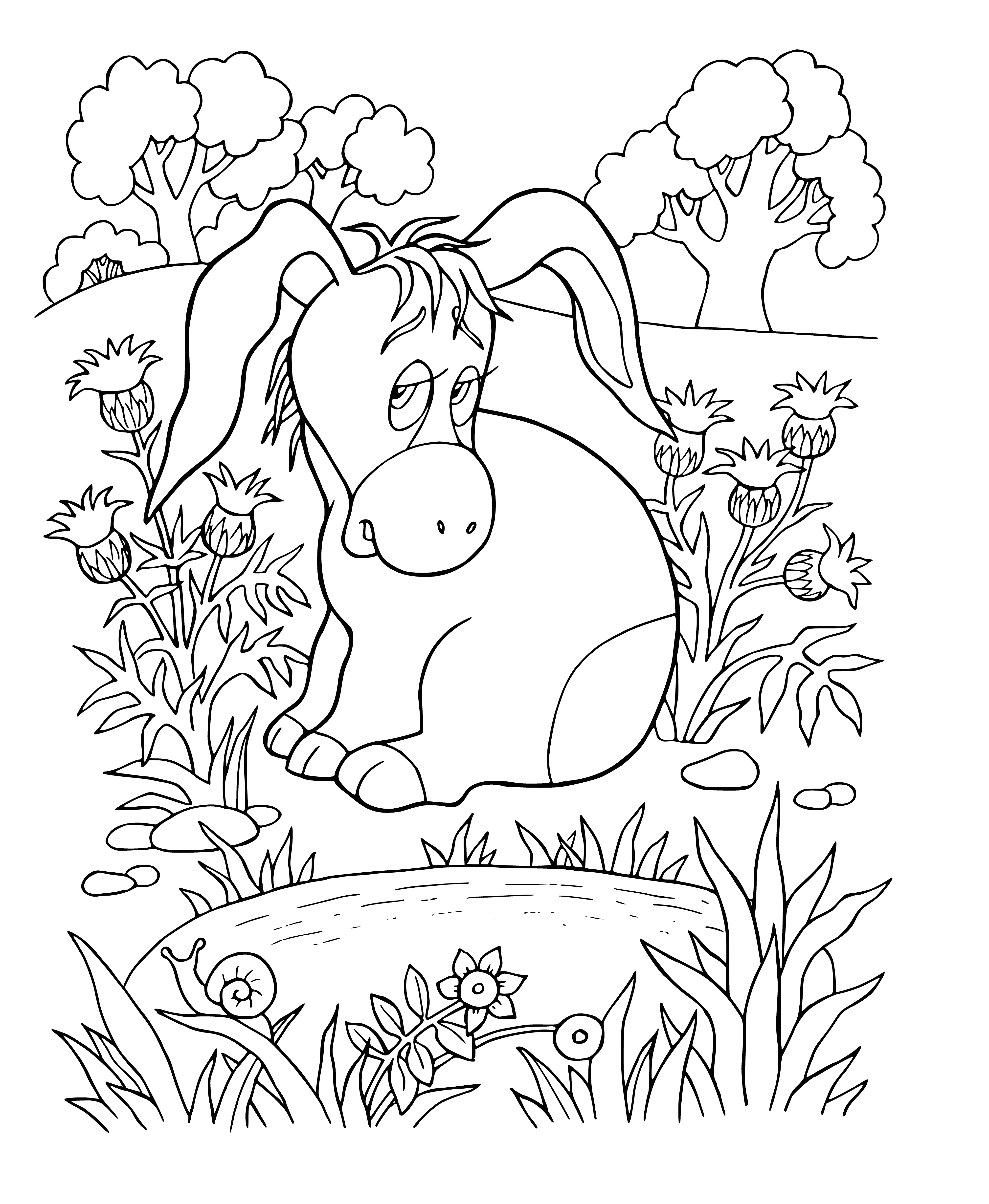 coloring page: Sad donkey stands by a tree with grey body and black mane. Leaves around and eyes downcast, about to cry. #sadness