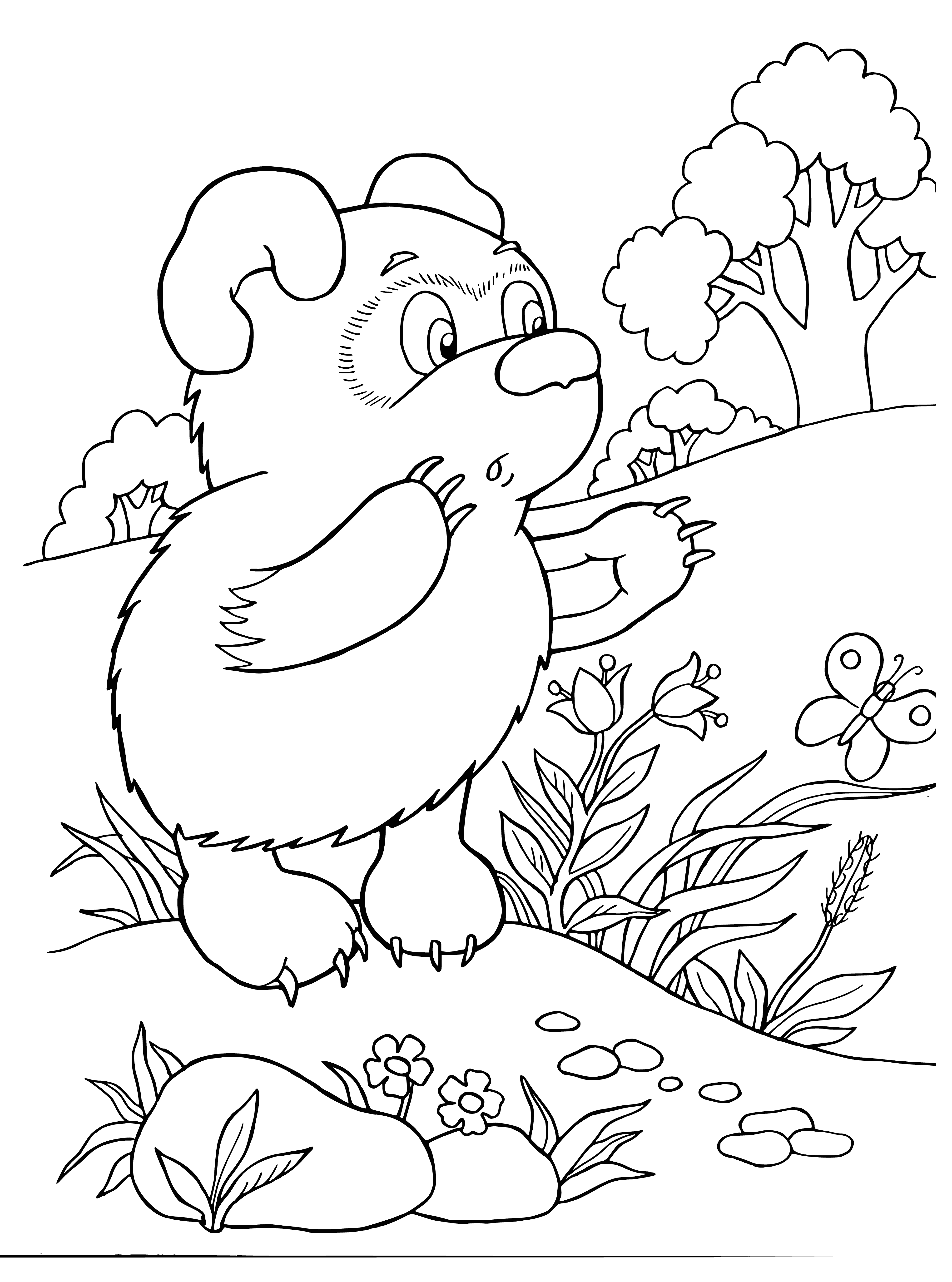coloring page: A large yellow bear wearing a red sweater with a "T" holds a red balloon, surrounded by a bee's nest, tree, and blue bird.