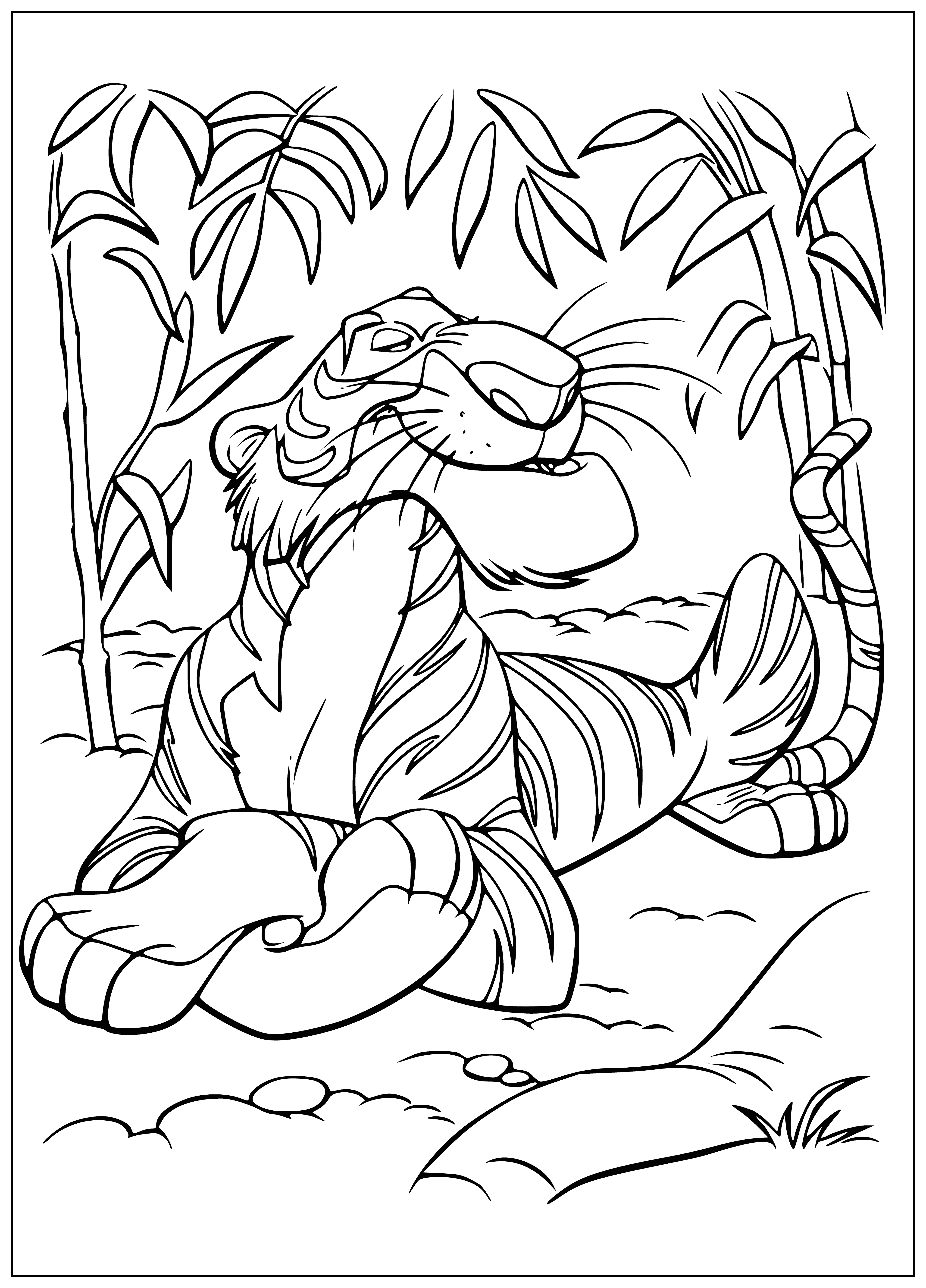 coloring page: Tiger Shere Khan lies in the jungle, striped coat, eyes closed, mouth open, sharp teeth.
