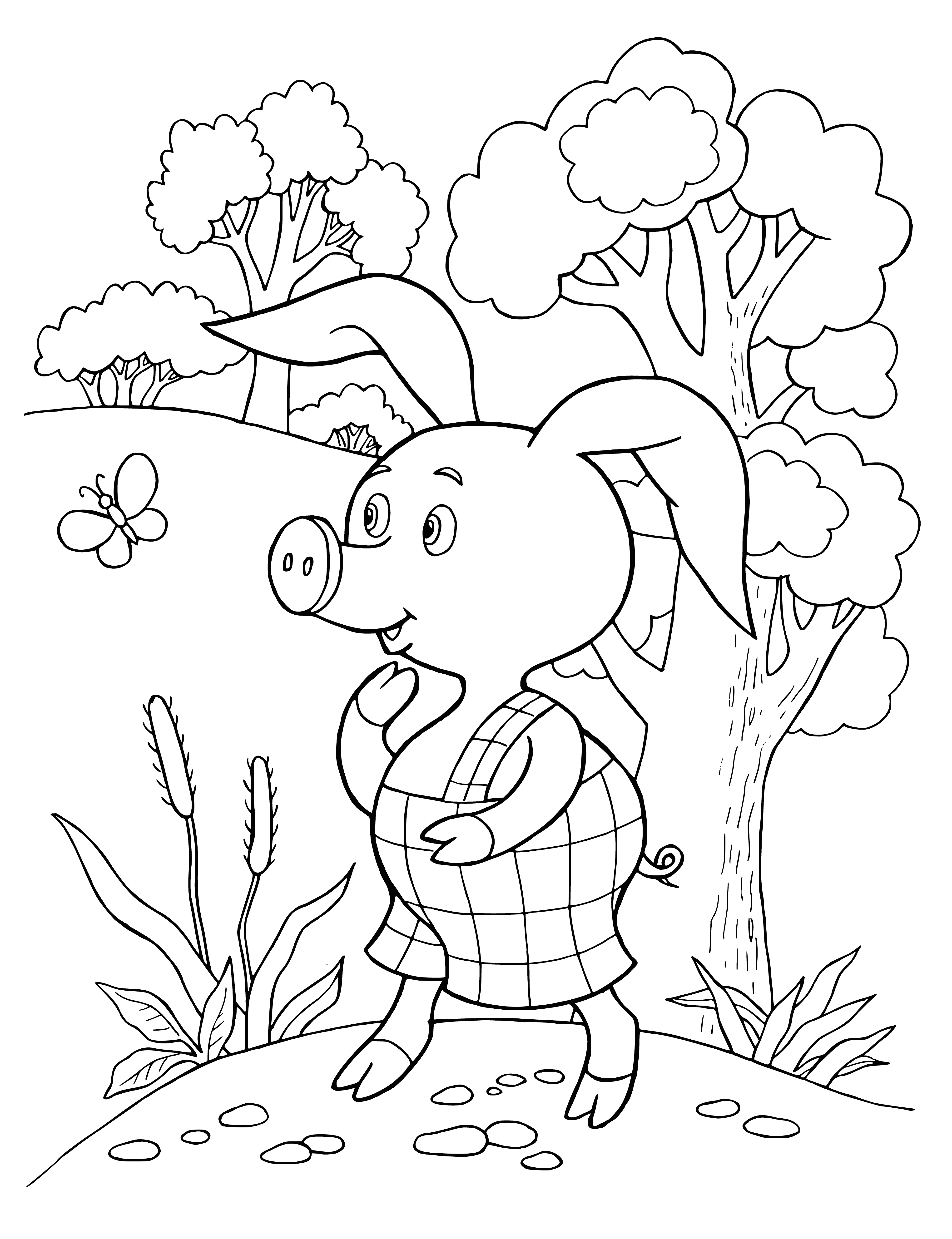 coloring page: Piglet is a small, pale-pink pig with black hooves and a red scarf. Has large head, small eyes, long snout and big ears with a small, curly tail.