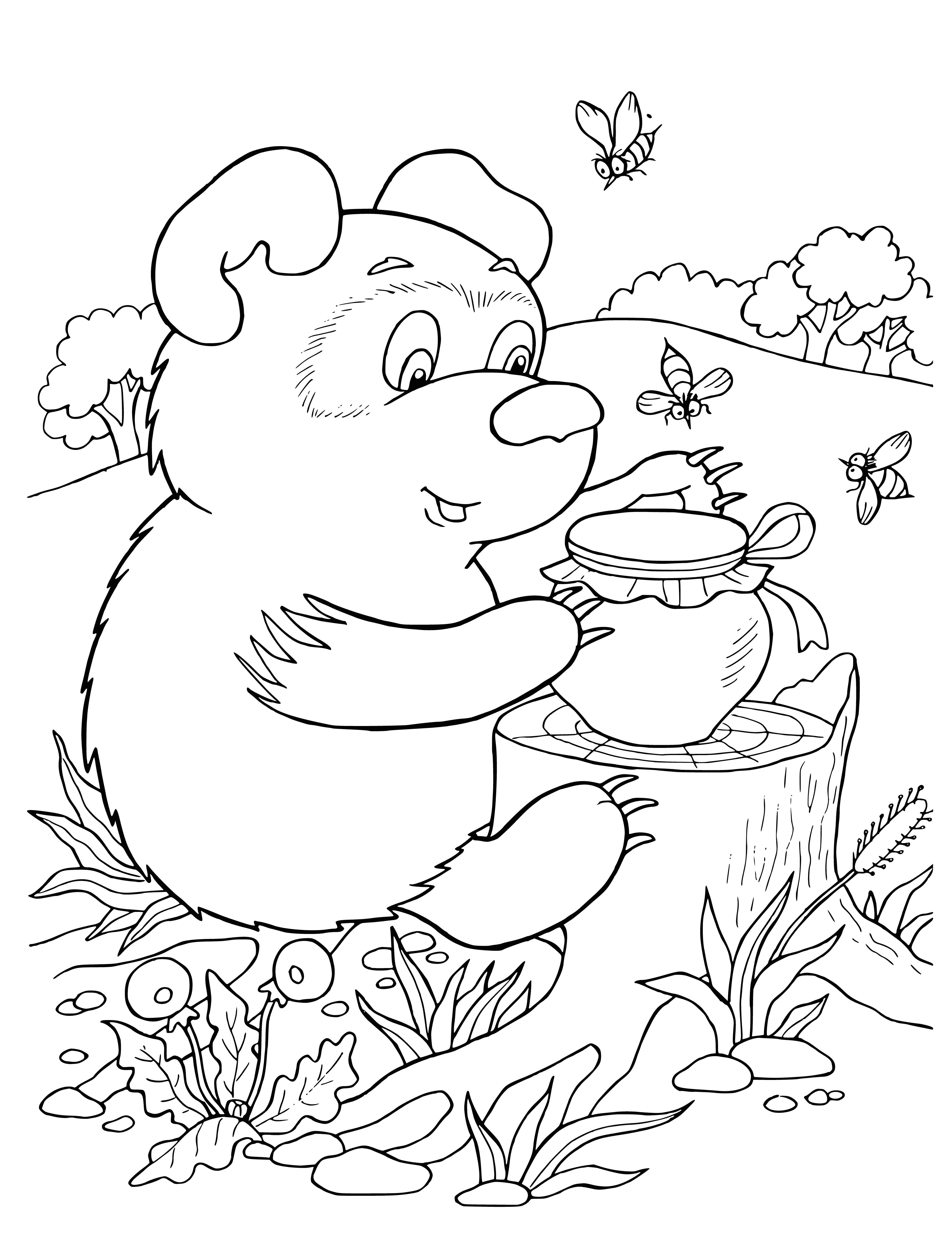 coloring page: Winnie the Pooh is a teddy bear with a red shirt and a honey pot. He's standing on a stool, gazing at the honey.