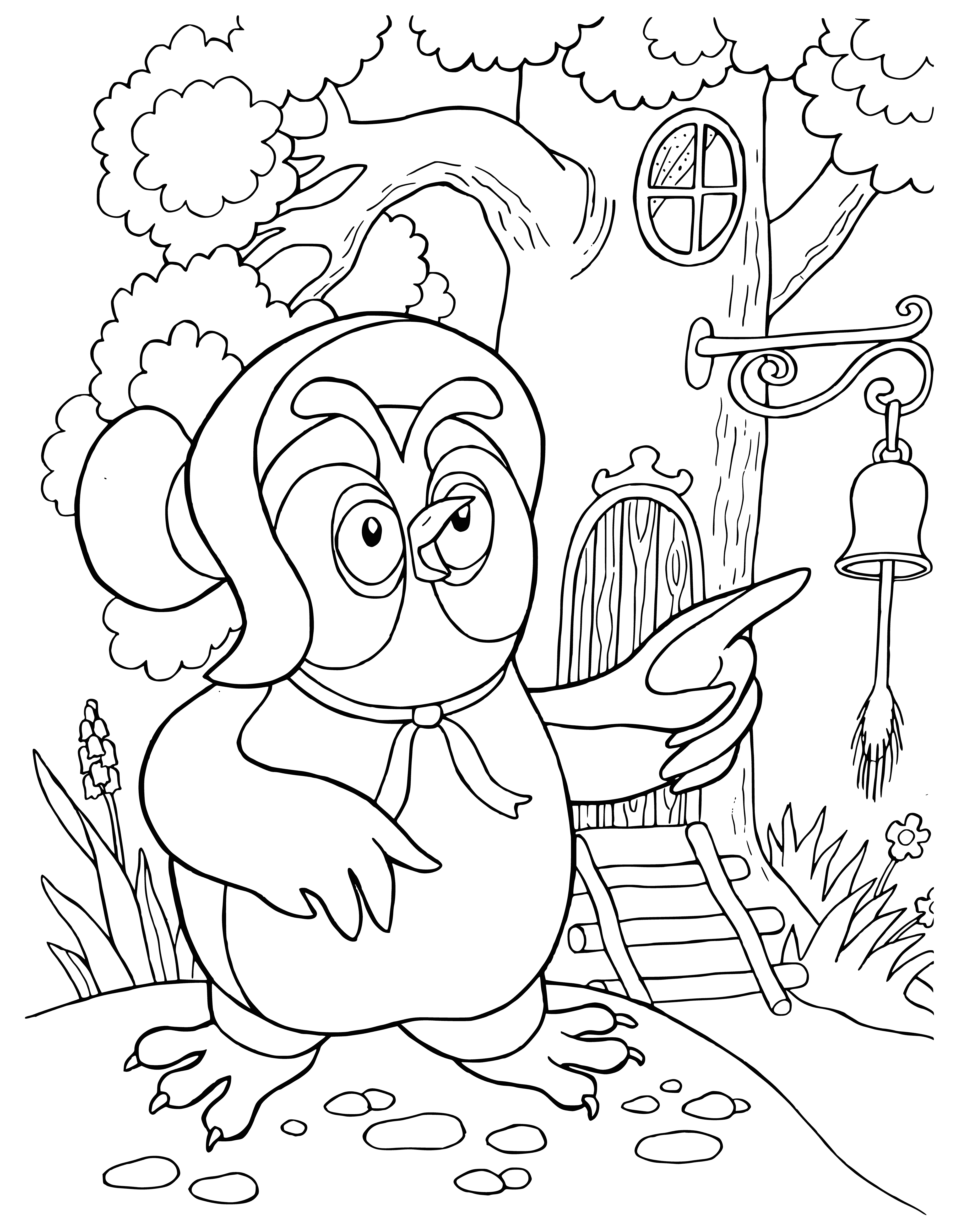 coloring page: Winnie the Pooh encounters an owl on a tree branch: yellow feathered, brown body, curved yellow beak, & large, round eyes.
