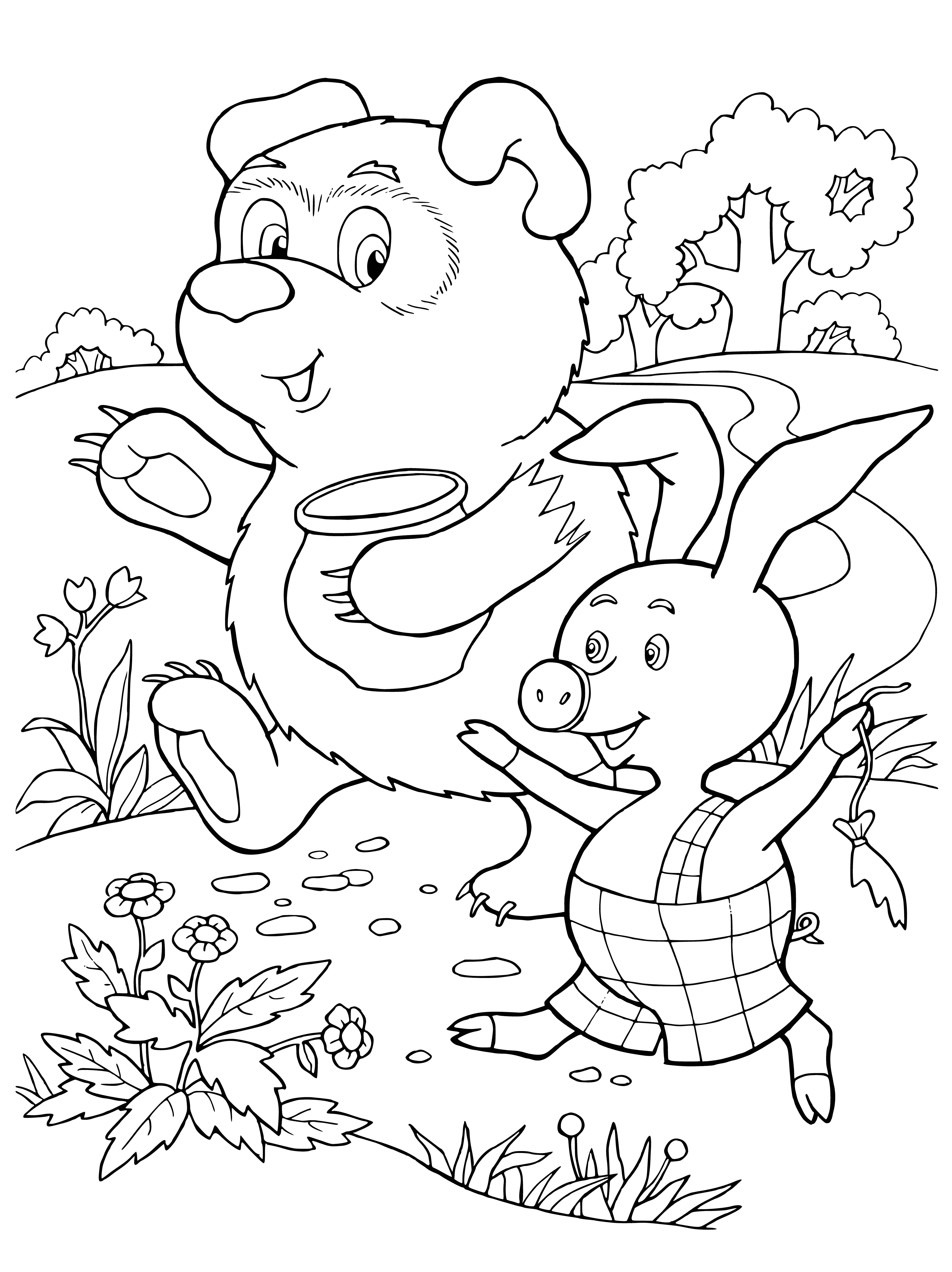coloring page: Winnie & Piglet walking through a forest w/ trees, blue sky. Winnie's yellow fur & red shirt, Piglet's small & pink w/ a red shirt.
