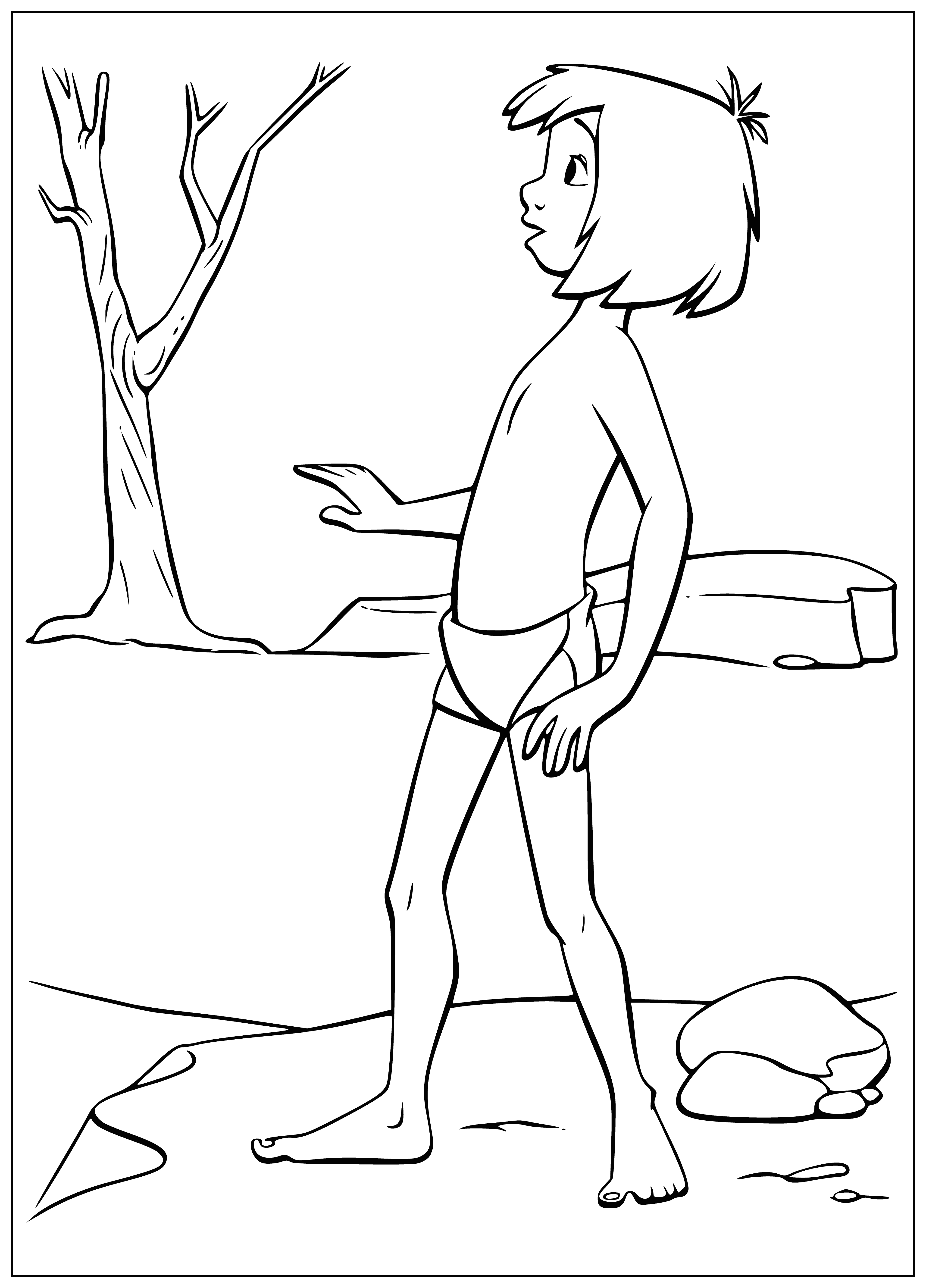 coloring page: Boy Mowgli, small & weak, wears a loincloth & has monkey & bird. Big eyes & head, knife in belt; standing before a tree. #JMBarrie
