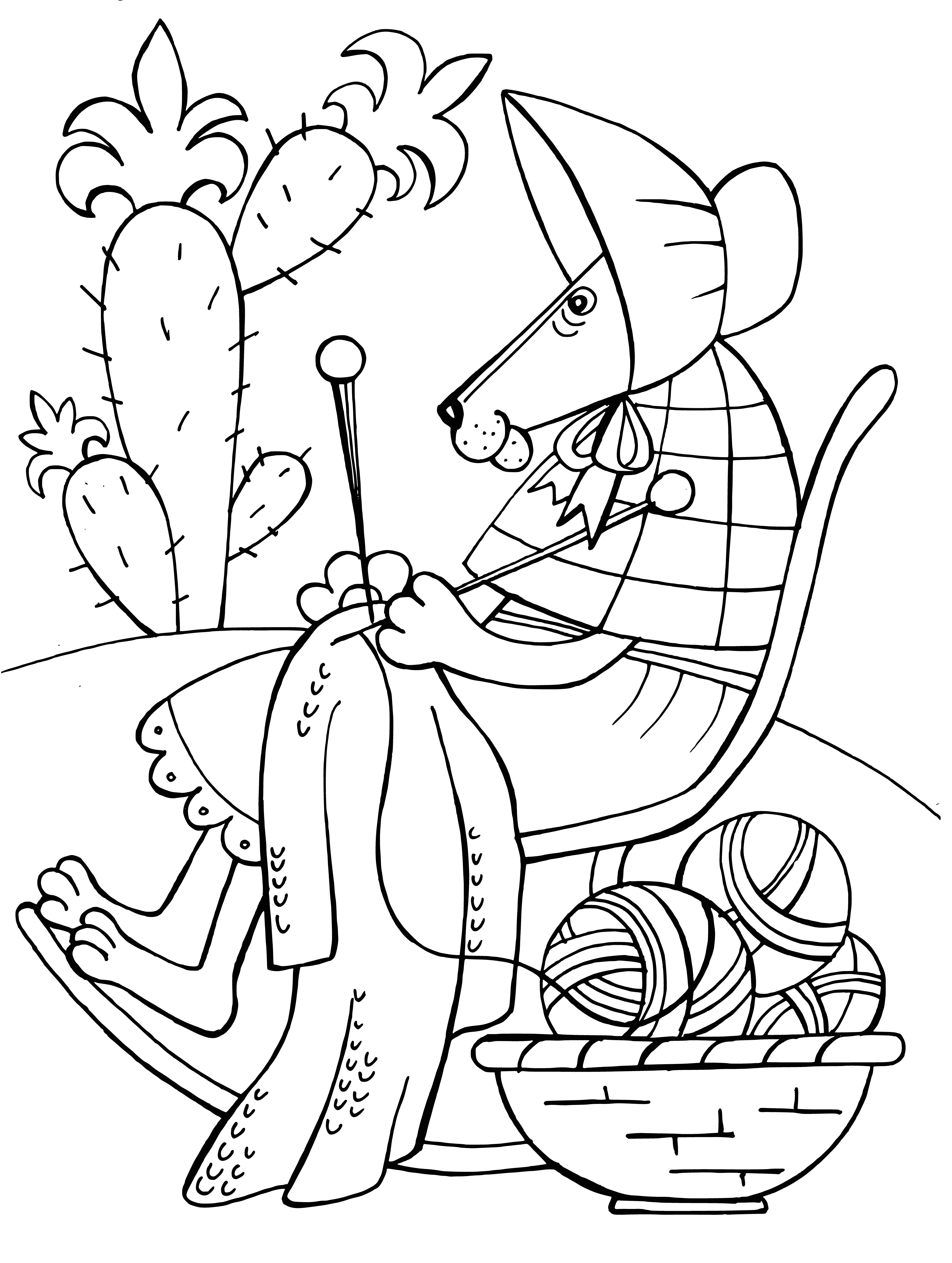coloring page: Woman happily sits in chair with cat on her lap, wearing blue dress, white collar, blue scarf, and white hair. #cats