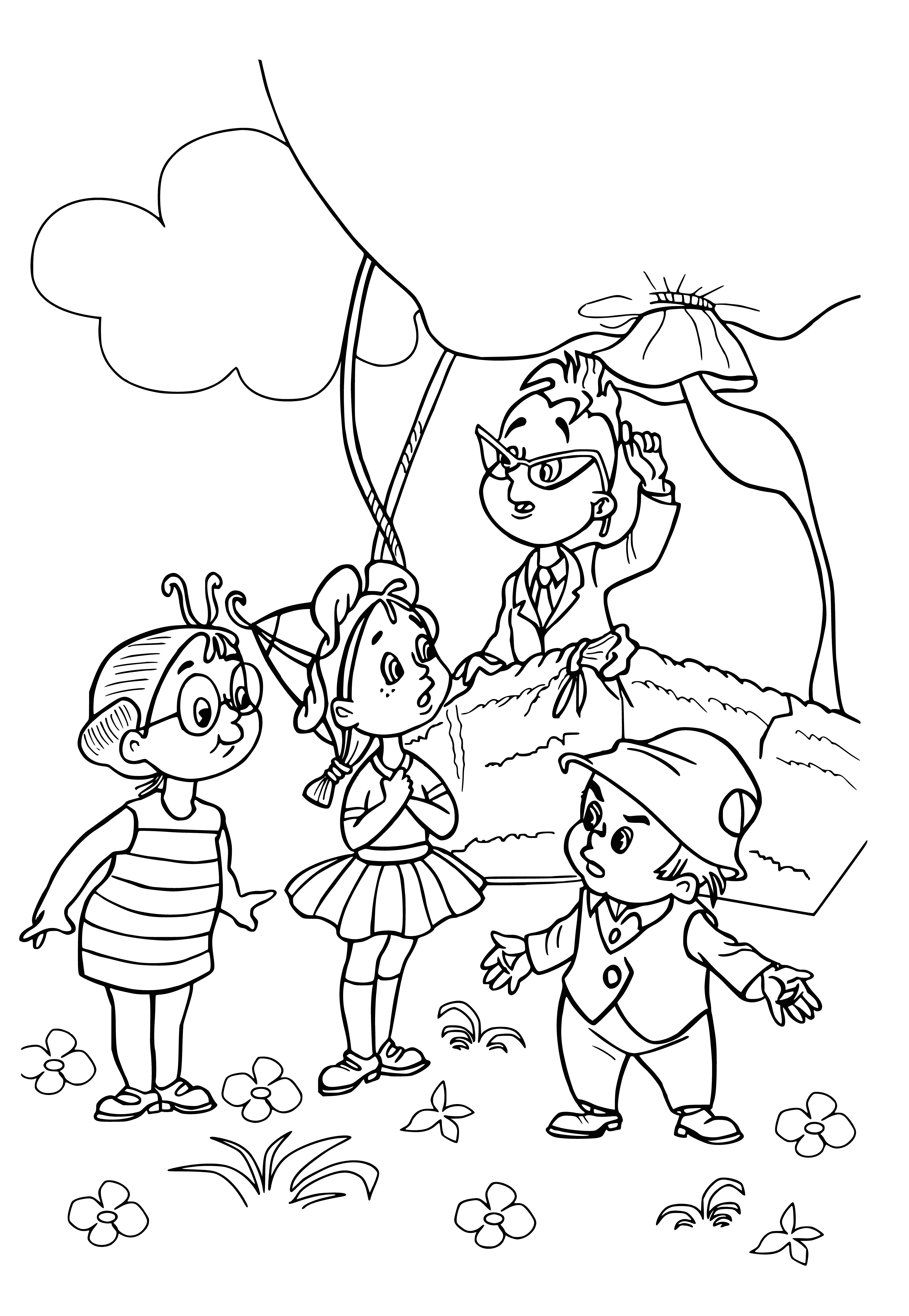 coloring page: Coloring page w/ hot air balloon saying "Dunno" floating in air & moon in background. #Coloring #Balloon #Moon