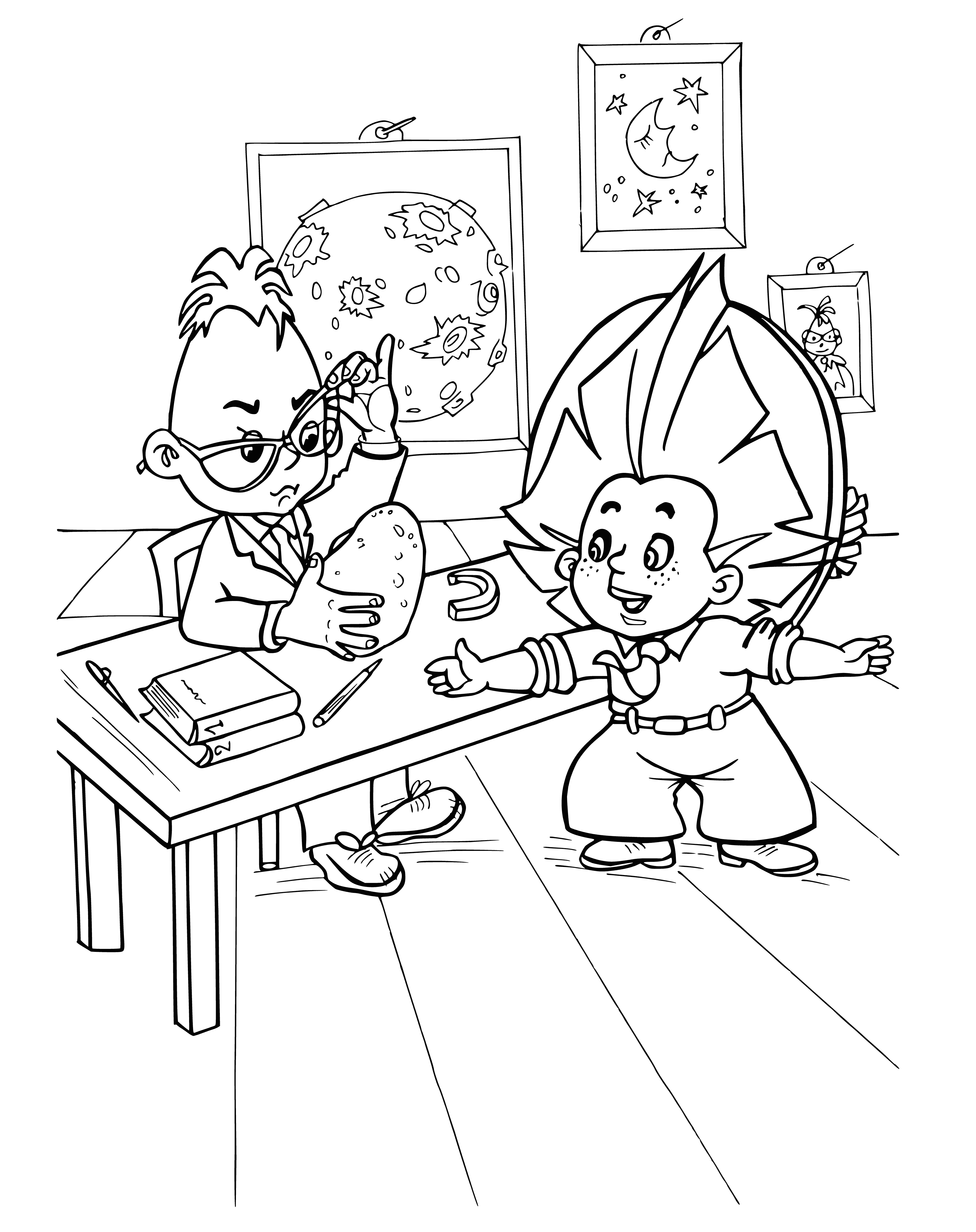 coloring page: Two friends in space suits explore a rooftop garden & moonlight. Znayka reads & Dunno gazes through a telescope.