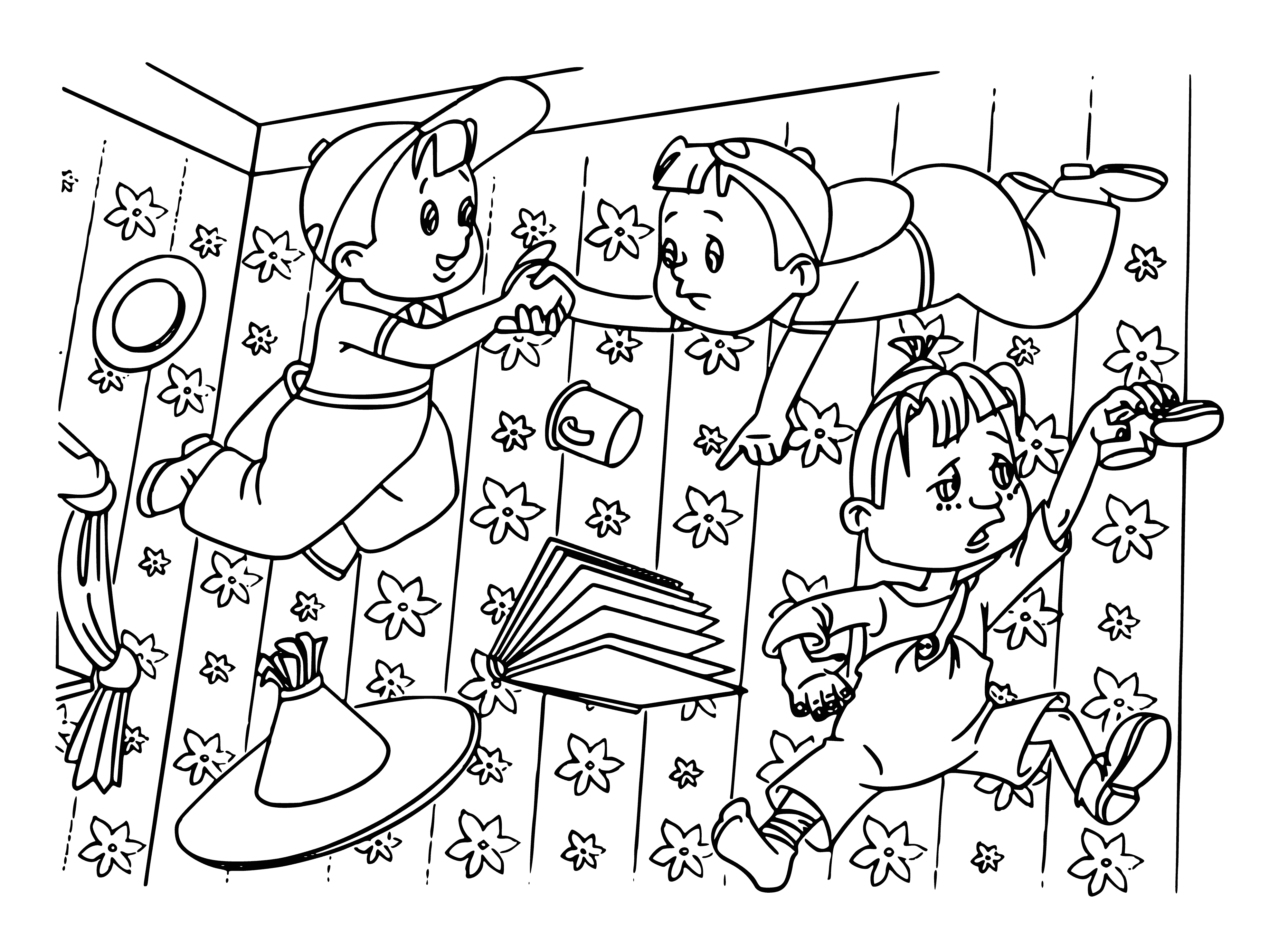 coloring page: Young boy floating in space, big smile, enjoying weightlessness, controls & dials, window showing moon - a magical coloring page experience!