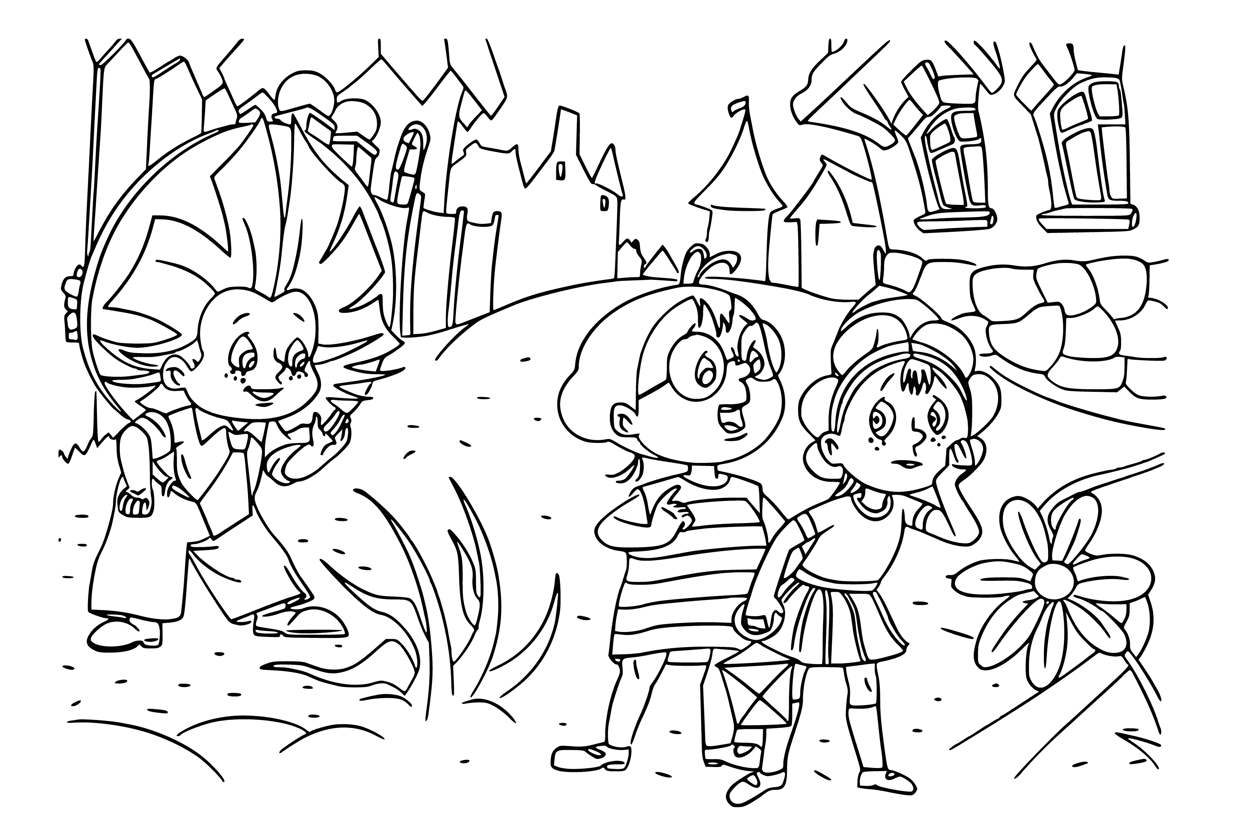 coloring page: Dunno and two girls sit/stand together under moonlight, his smile the brightest star in the sky.
