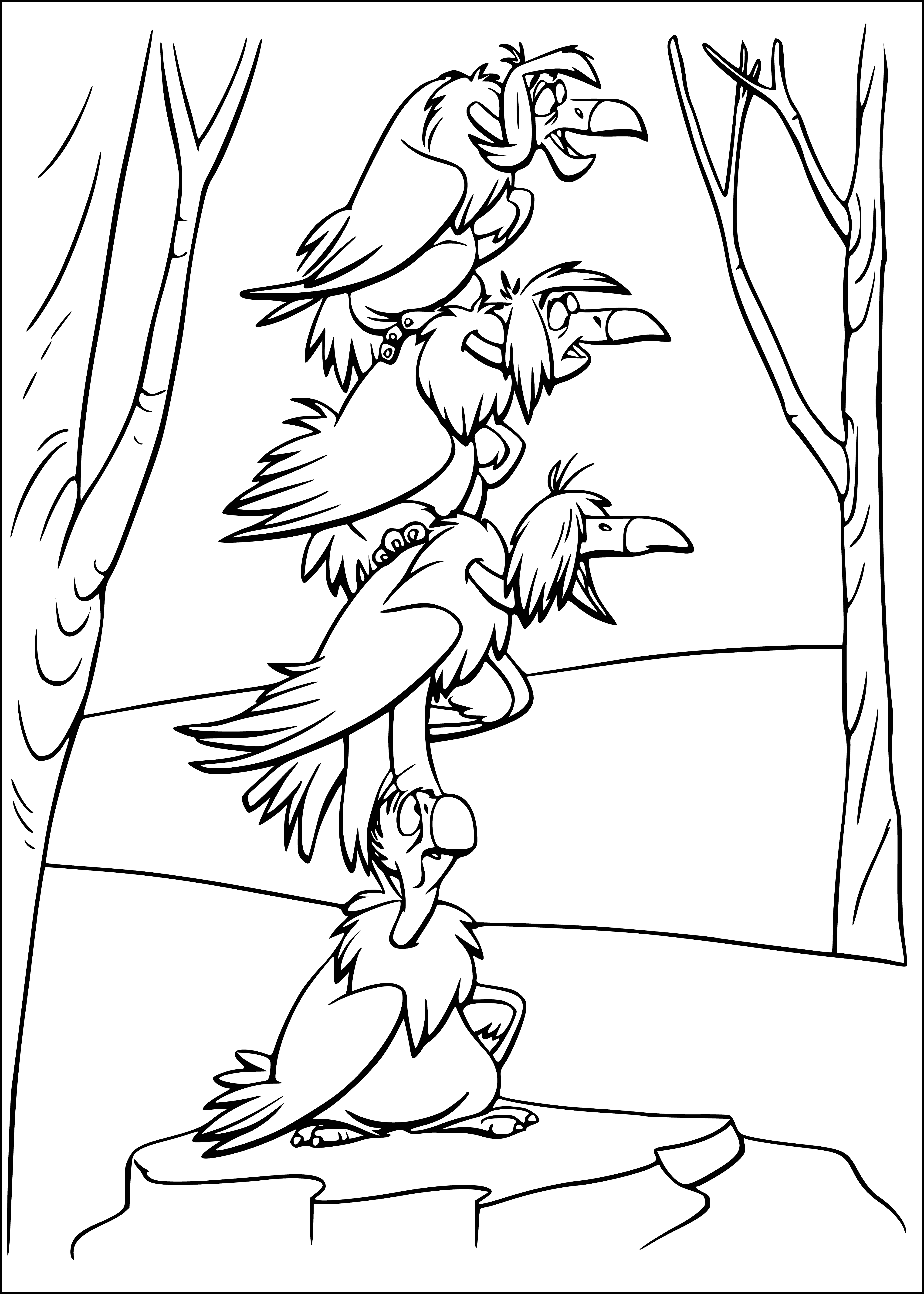 coloring page: Vultures have long necks, bare heads, black feathers, white chest, long curved beak, and sharp claws. #TheJungleBook