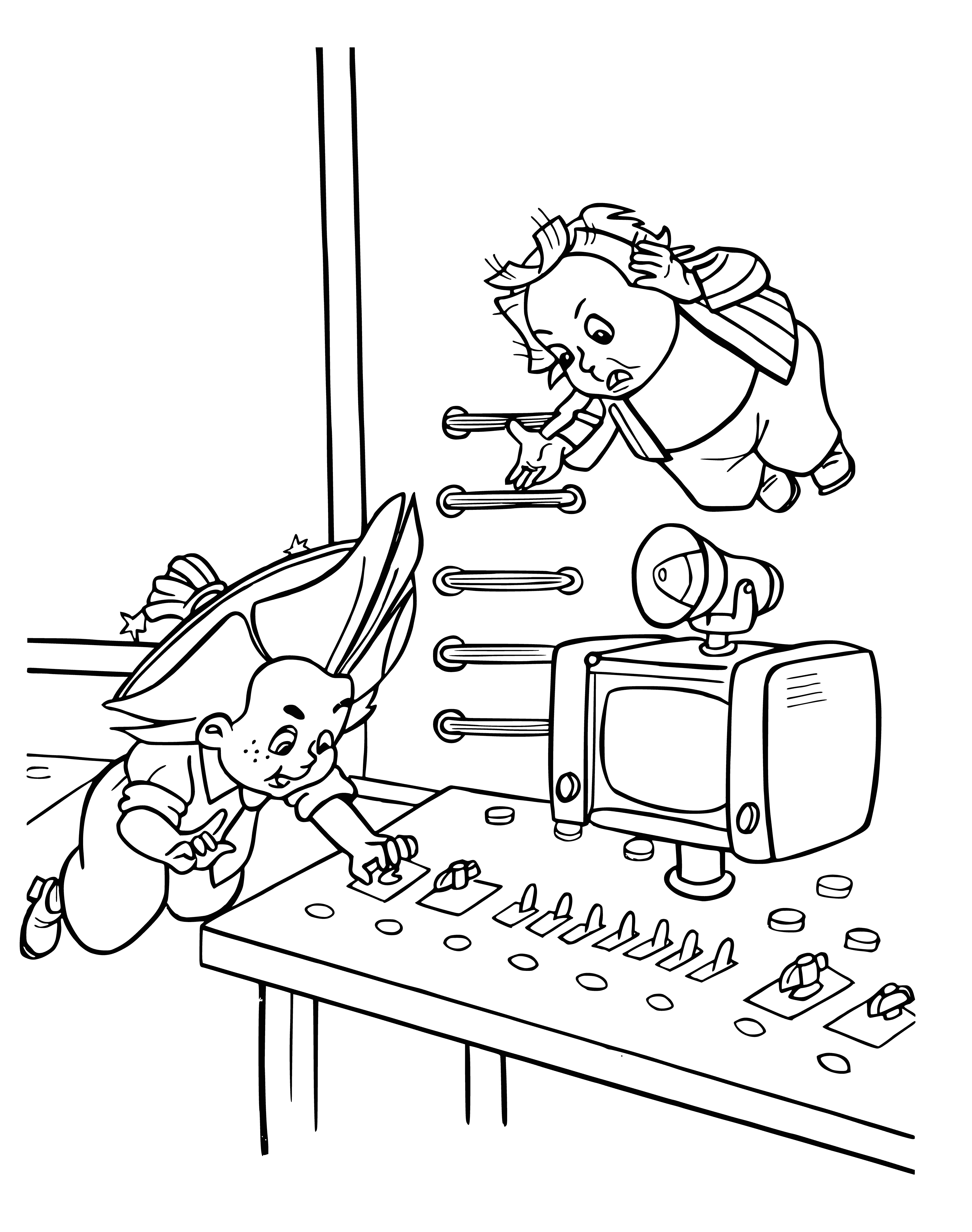 coloring page: Dunno and the computer explore the moon & observe Earth; the computer converses with Dunno.