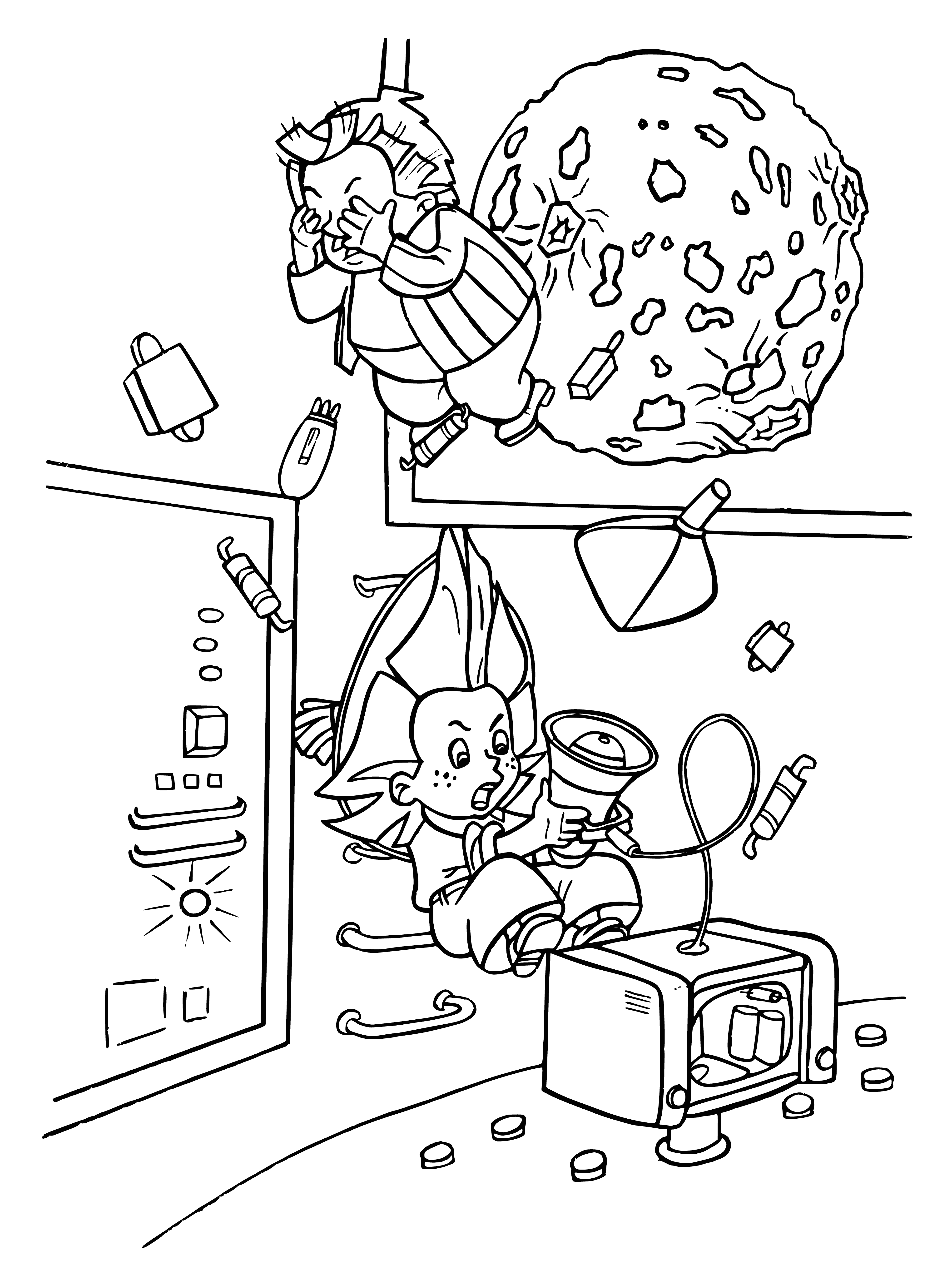 coloring page: Boy in suit floats in space, but has safety tether attached to large satellite.