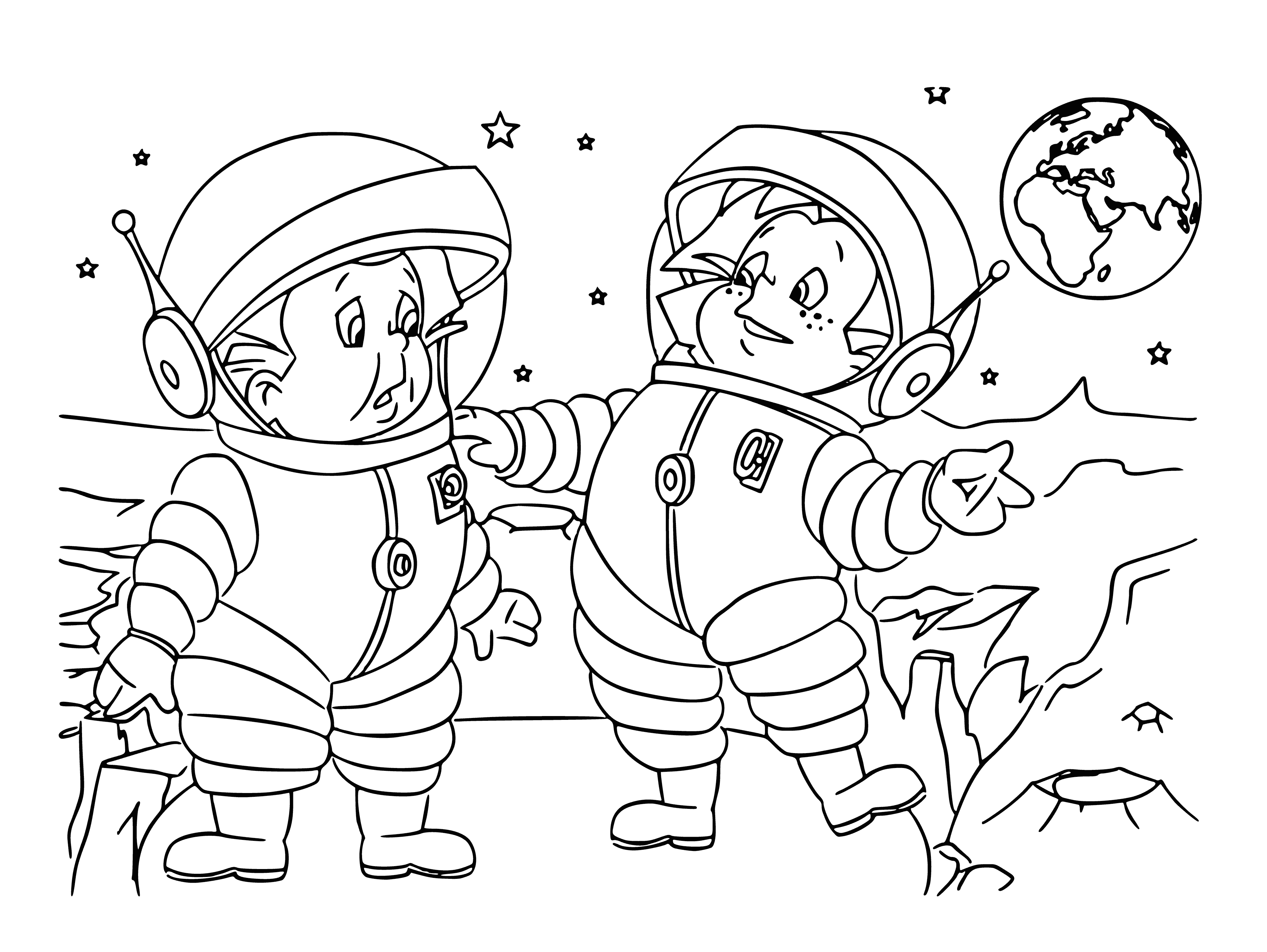 coloring page: Two creatures, resembling small dogs, in a spaceship with a donut and an expression of confusion. Both wearing helmets!