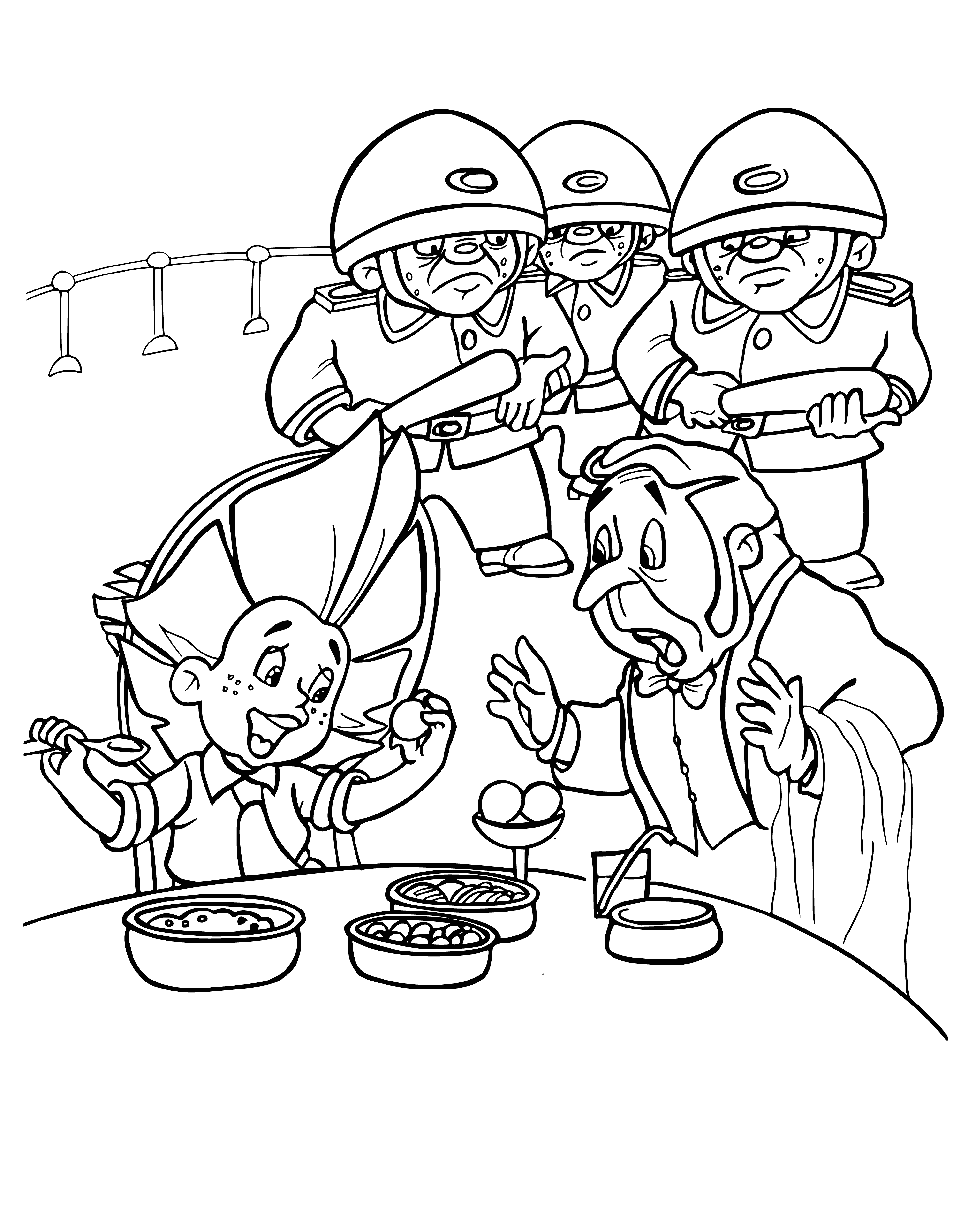 coloring page: Dunno sits on the Moon, eating lunch and drinking from a cup. Food on the plate before him. #LunarLunchBreak