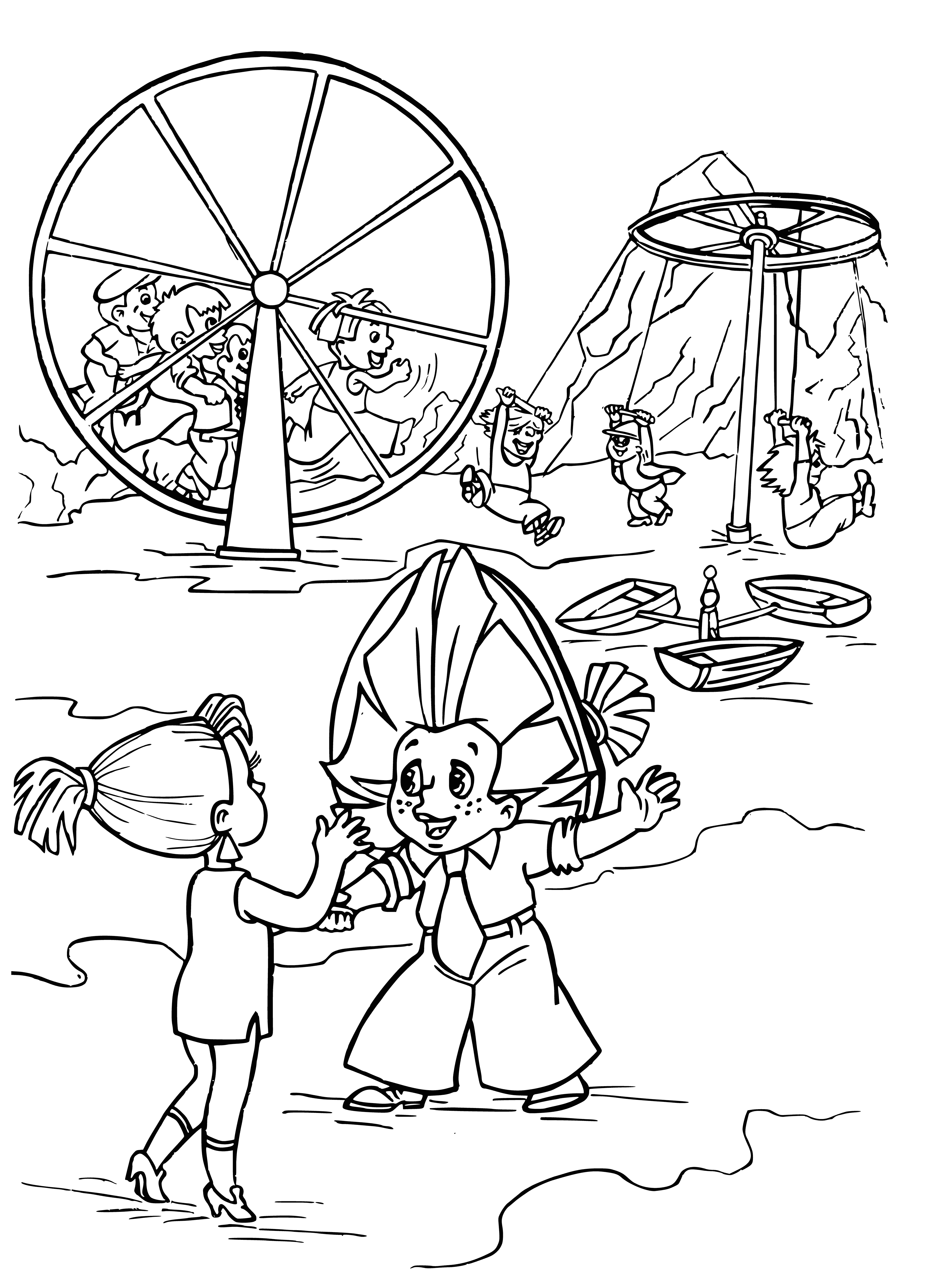 coloring page: Boy hangs from rope on tree limb in moonlight; carousel, swing set in background.