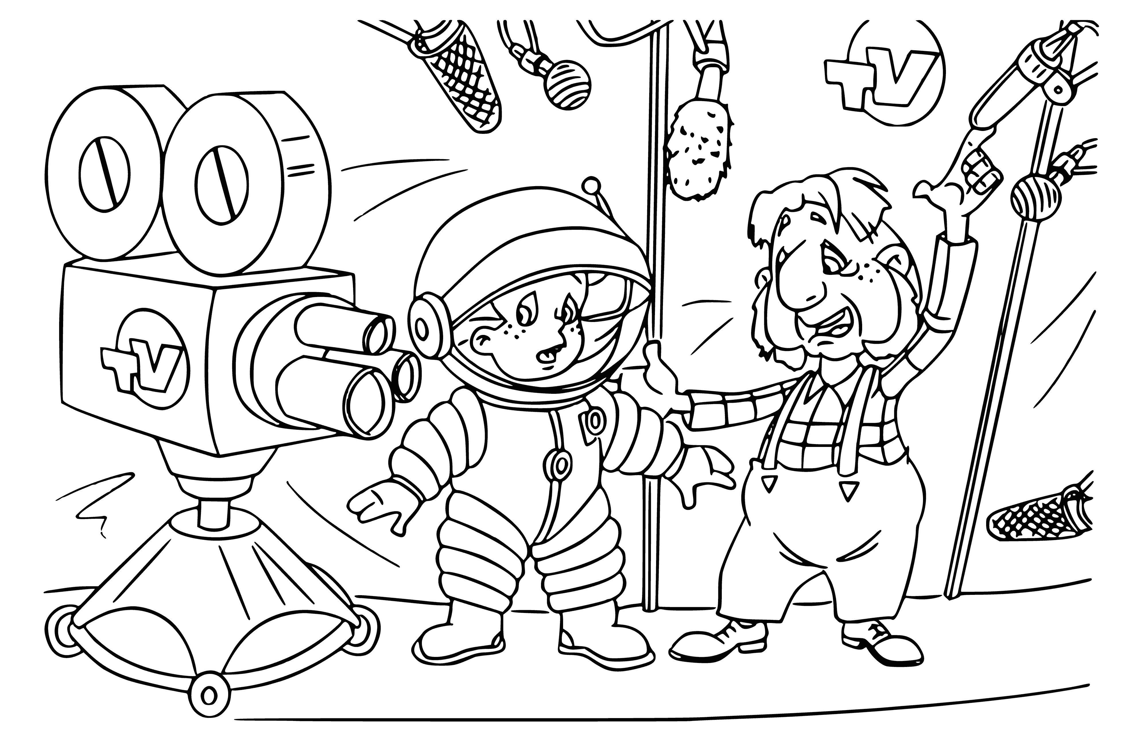 coloring page: Boy in yellow/red on moon with blue backpack & green flag + green spaceship. #exploringtheuniverse #moonman