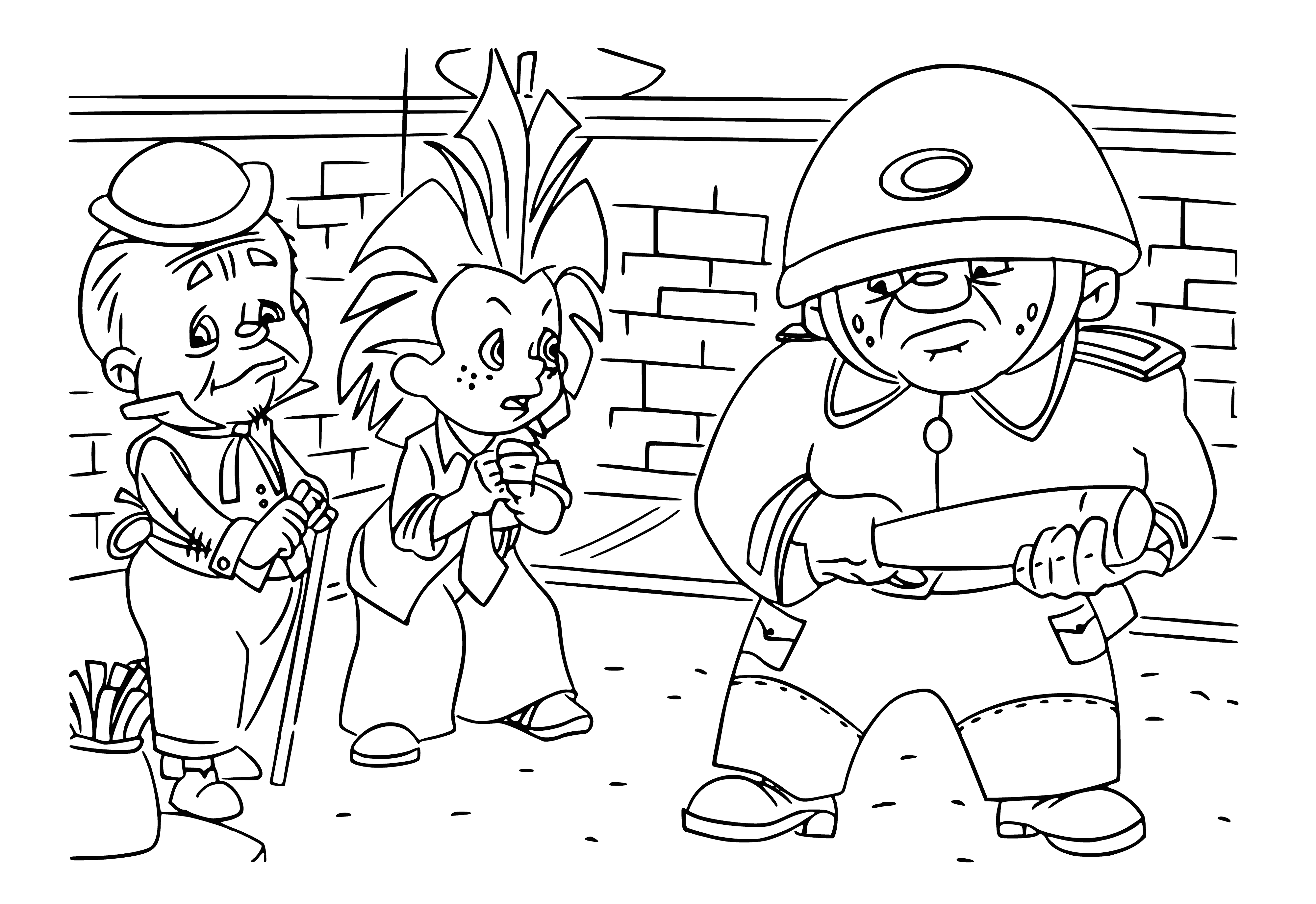 coloring page: Two figures converse on the surface of a big, blue-grey moon in the center of a coloring page. One is a small, childlike creature wearing a red cap, and the other is a large, burly man with a mustache wearing a blue uniform. #conversation
