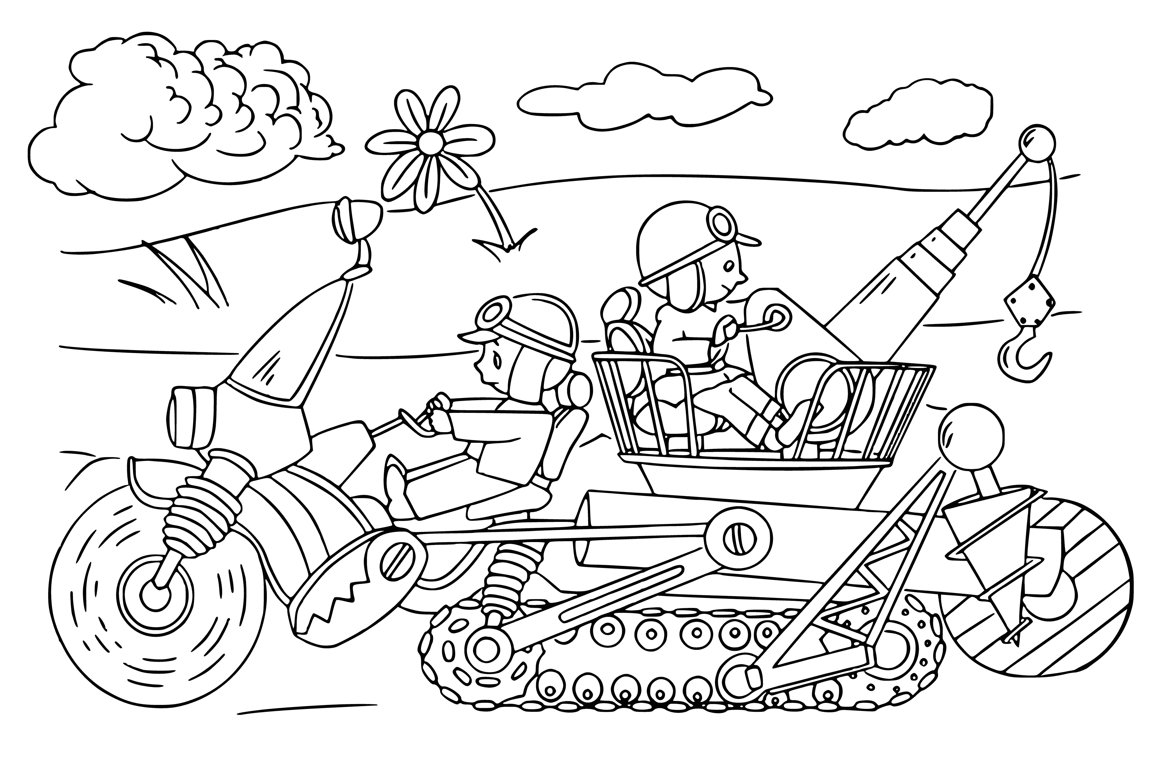 coloring page: A tower of screws and tongue depressors topped with a red-headed metal screw sits in view of a crescent moon.
