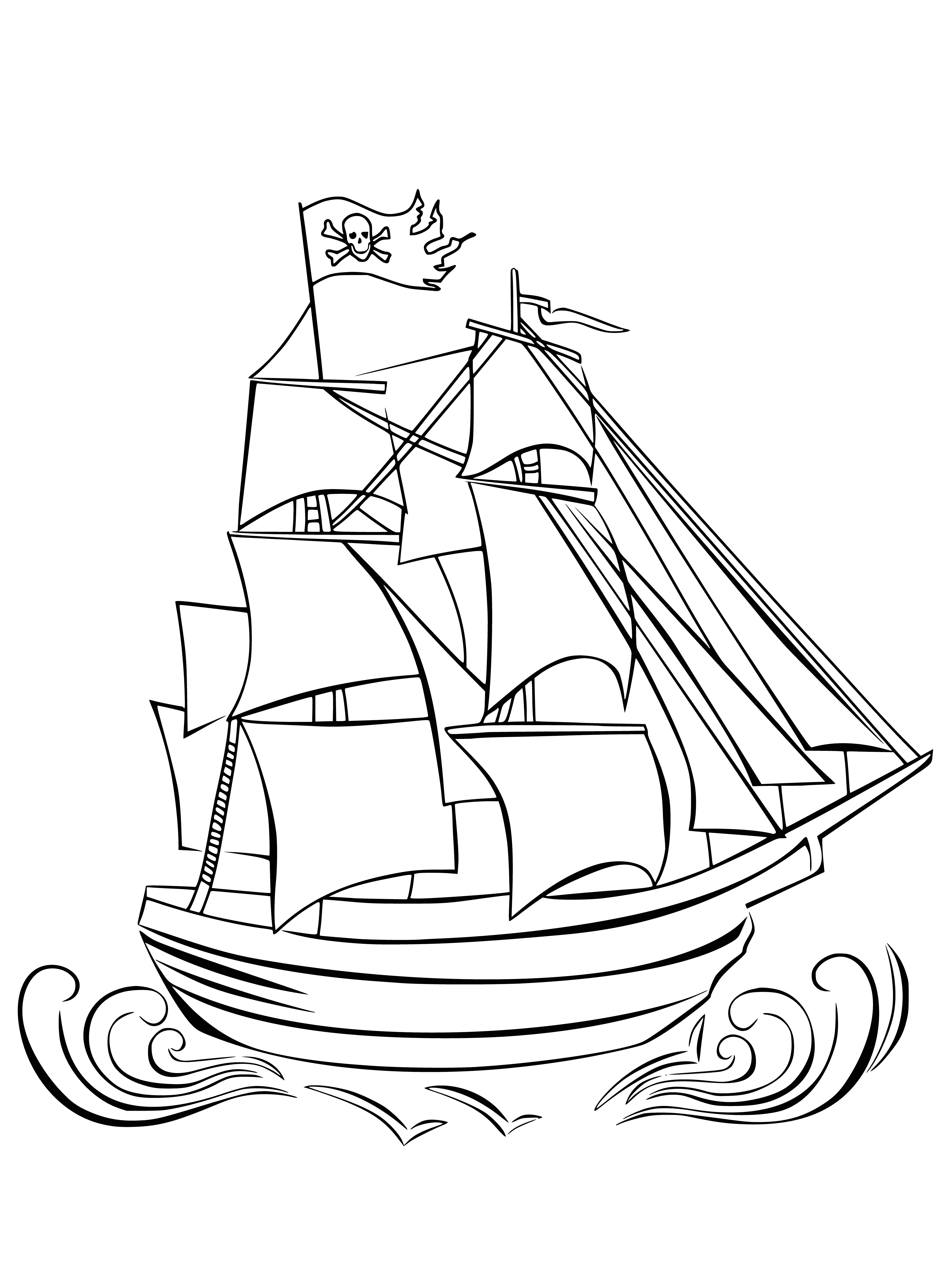 coloring page: Large ship sailing on water, sails billowing in the wind. Moving forward!