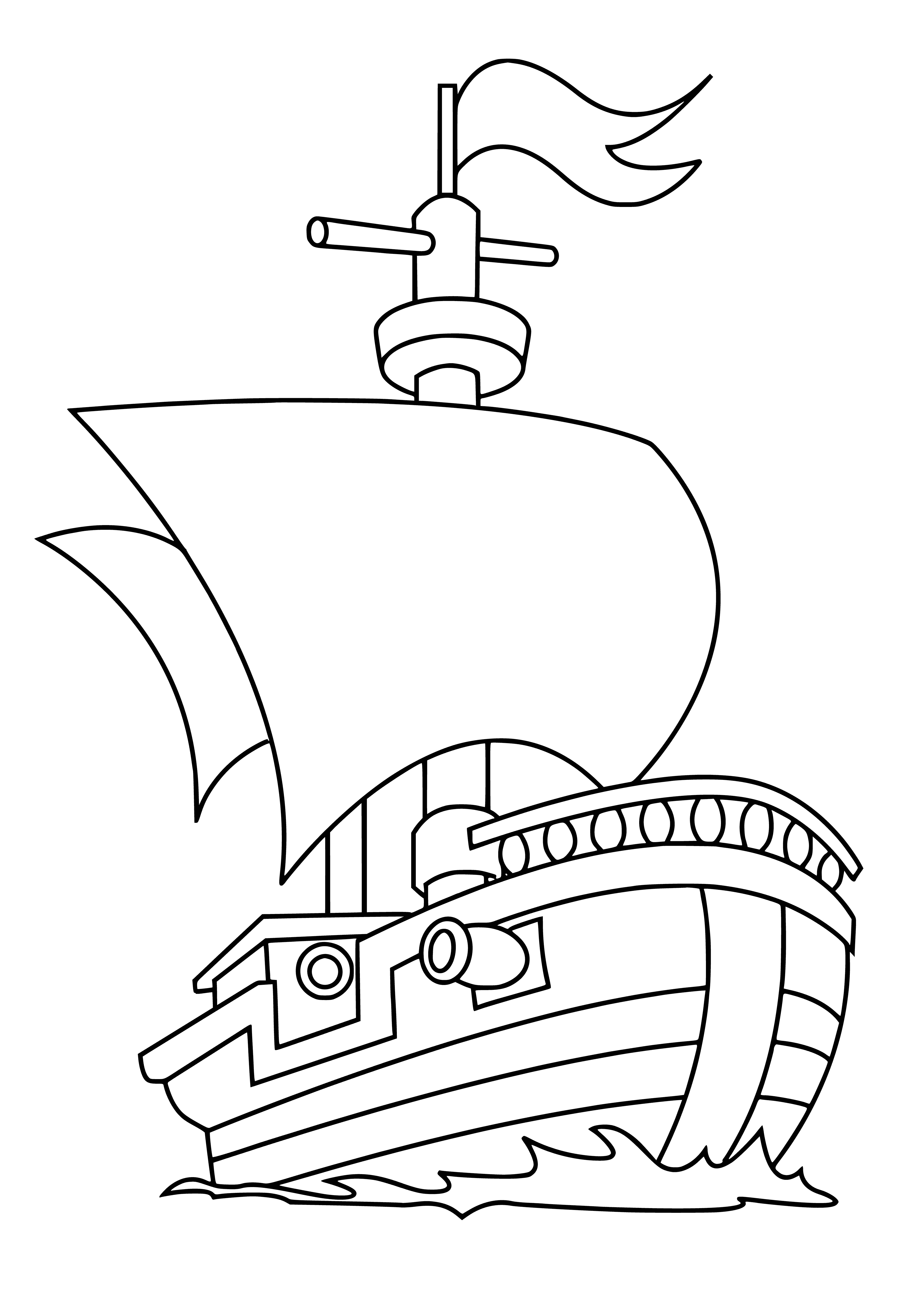 coloring page: Coloring page features a ship with cannon, sailing on water with cannon pointing forward. #coloringpages