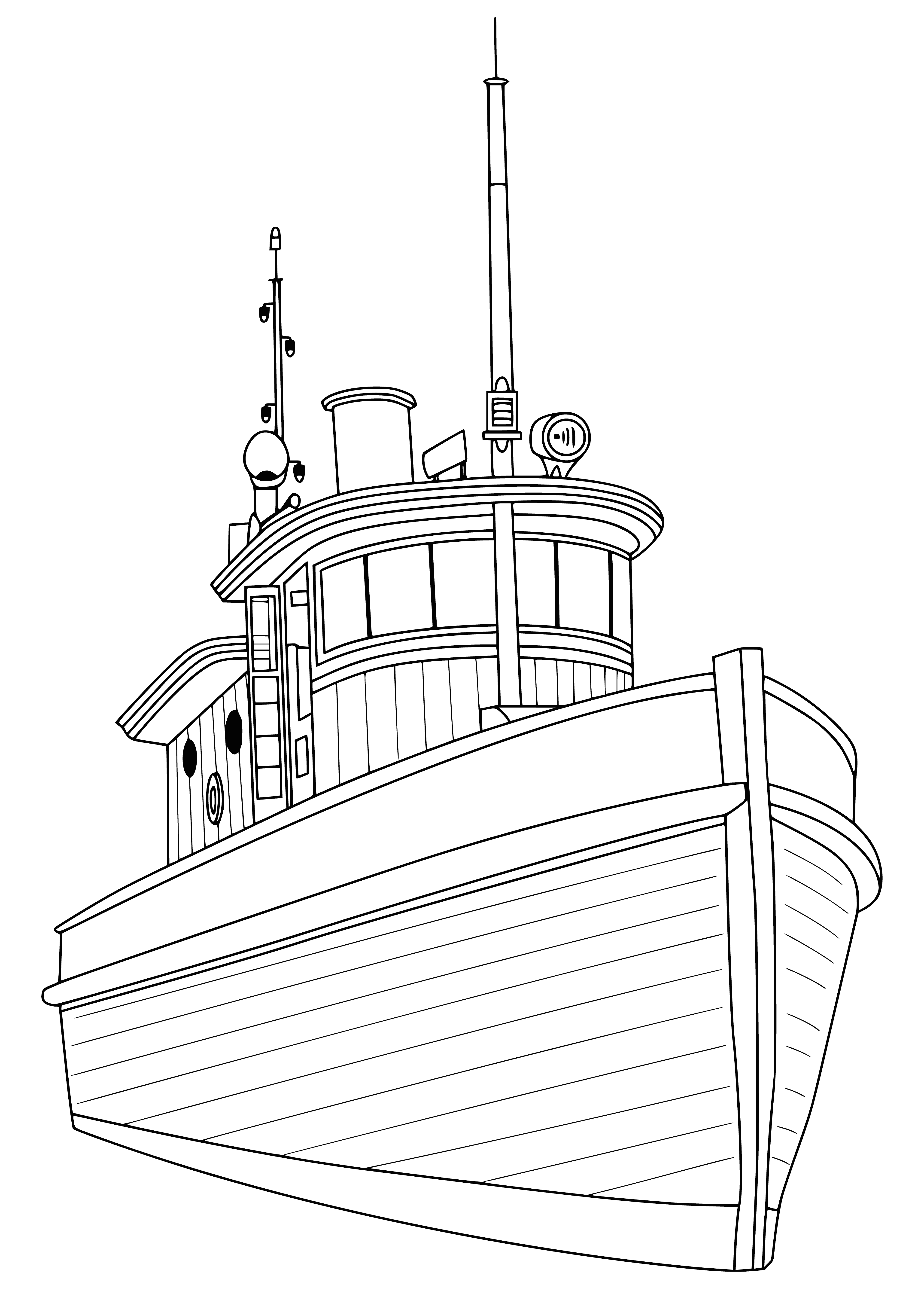 coloring page: A large, white boat with many levels, compartments and a large mast with sails. Designed for living and travelling on the sea.