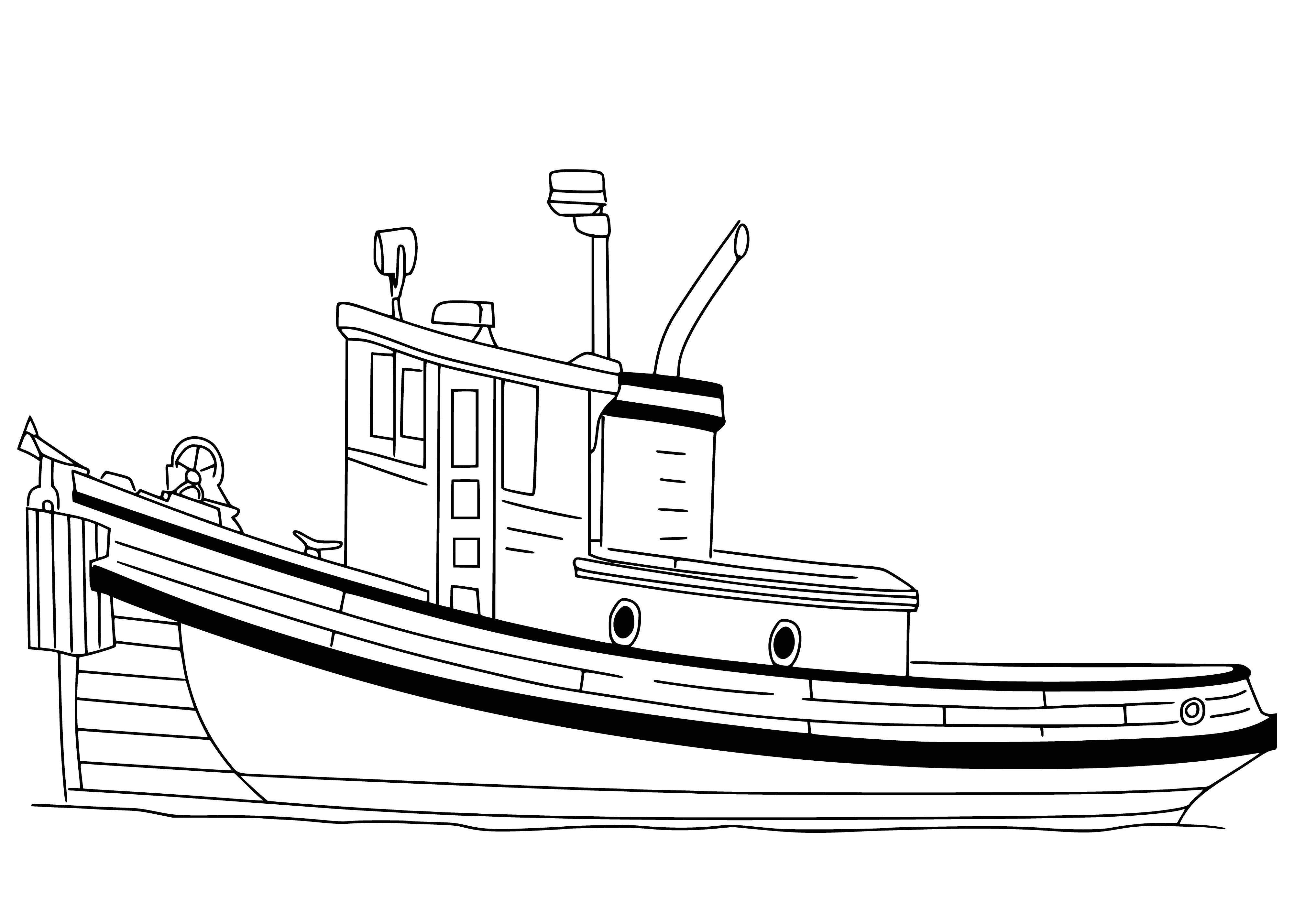 coloring page: A large boat is moving through the water with a white sail and a smaller boat is trailing behind, with people on board. #coloringpage