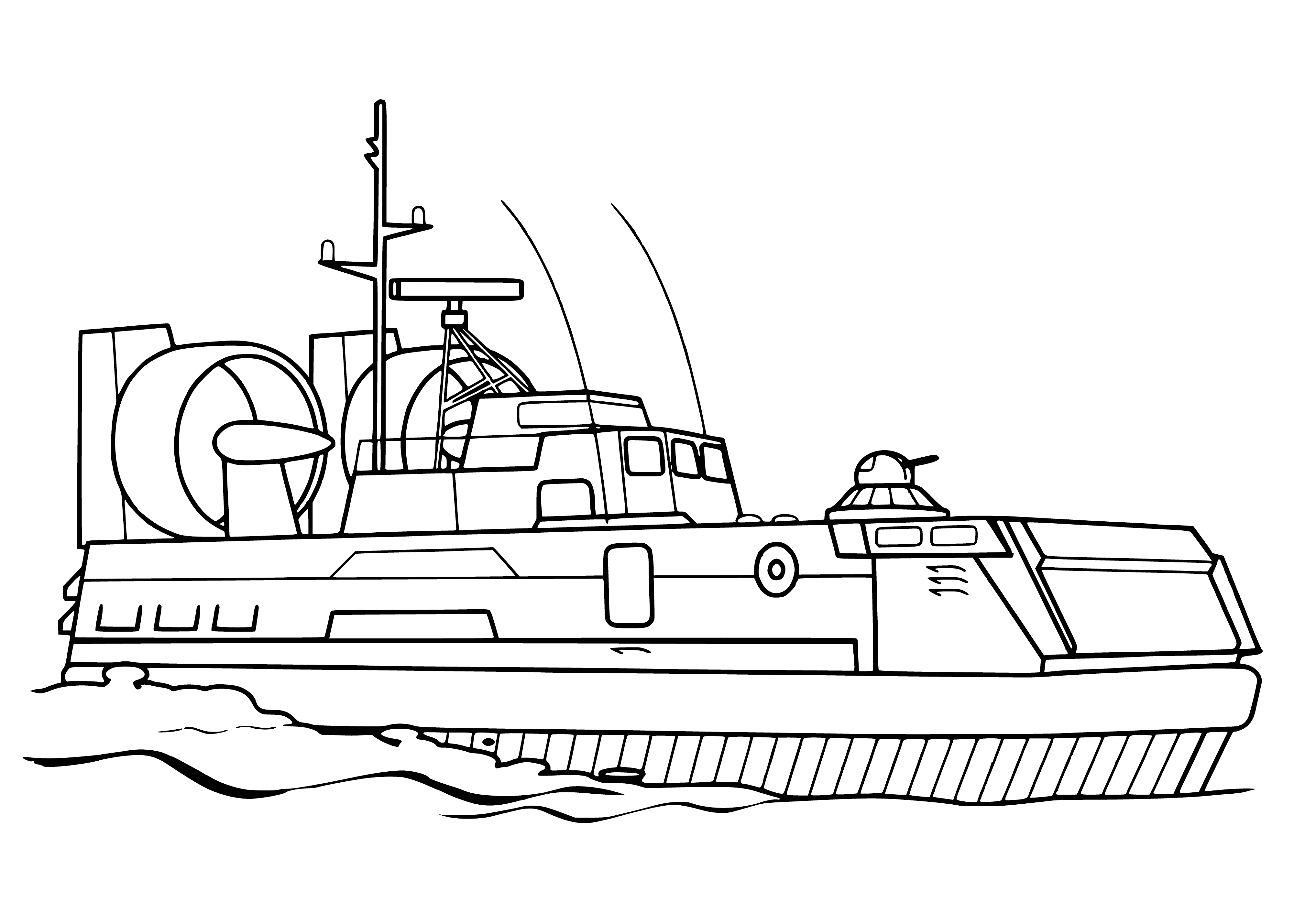 coloring page: Large military ship- long hull, tall superstructure, many decks, &large guns. Gray with flag flying from stern. #ships